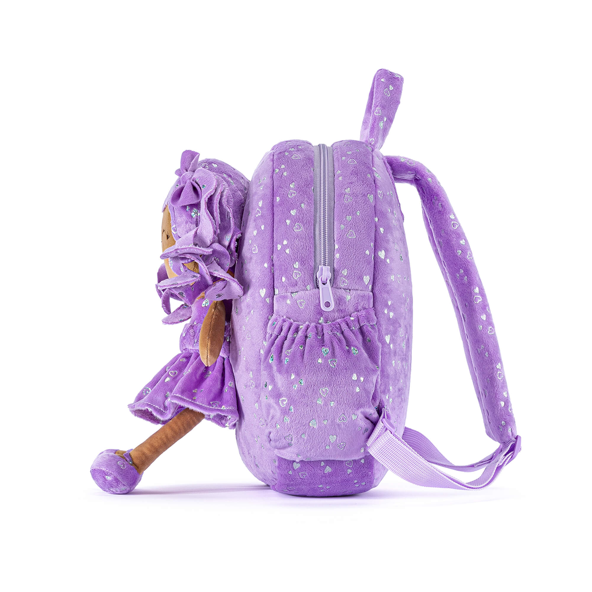 Gloveleya 11 - inch Toddler Girl Backpack Plush Kindergarten Backpacks with 12 - inch Curly Hair Ironing Silver Heart Doll Tanned Skin Purple - Gloveleya Official