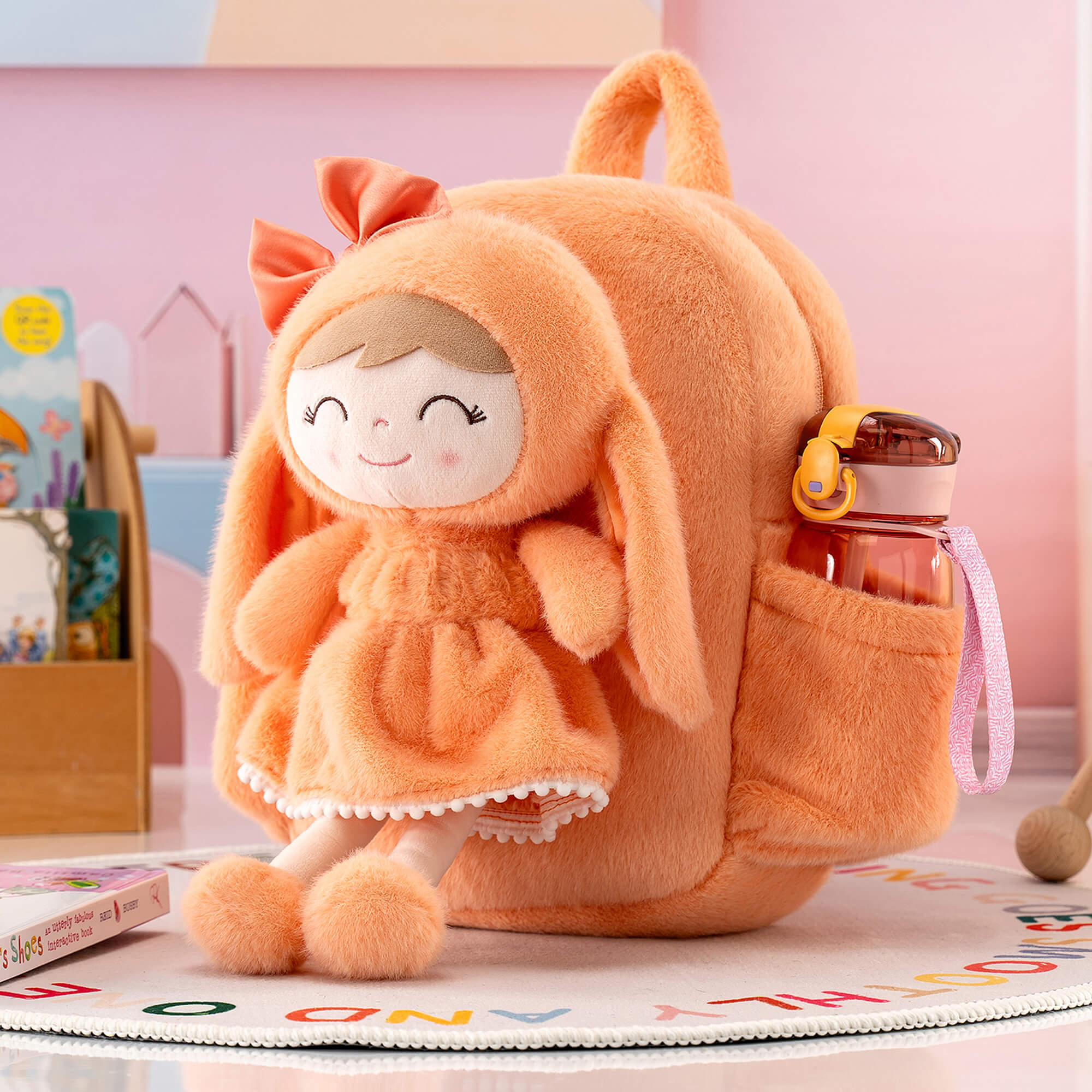 Gloveleya 11 - inch Toddler Girl Backpack Snow Ferret Kindergarten Backpacks with 12 - inch Orange Bunny Doll - Gloveleya Official