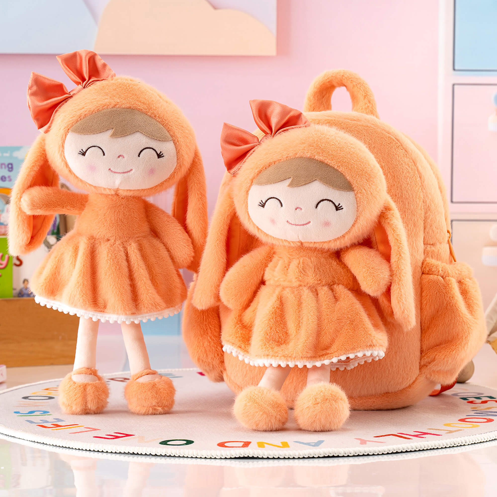 Gloveleya 11 - inch Toddler Girl Backpack Snow Ferret Kindergarten Backpacks with 12 - inch Orange Bunny Doll - Gloveleya Official