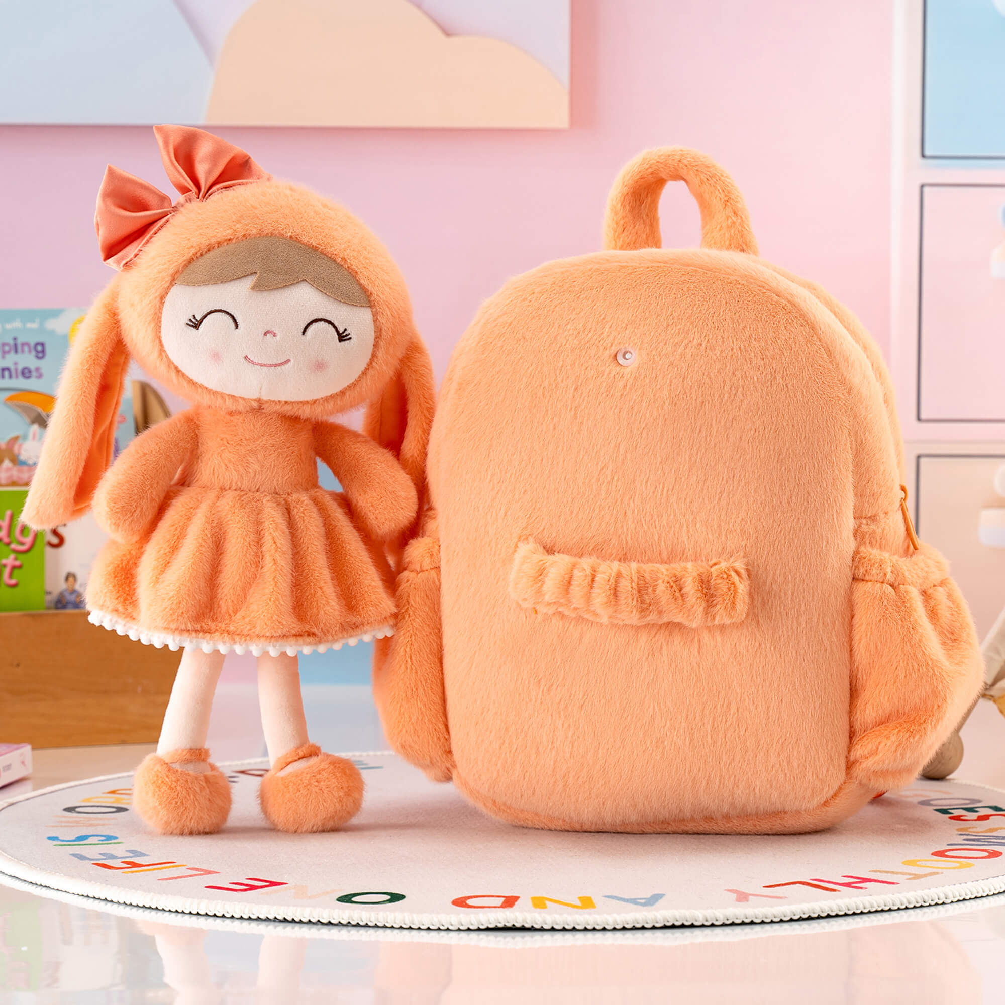 Gloveleya 11 - inch Toddler Girl Backpack Snow Ferret Kindergarten Backpacks with 12 - inch Orange Bunny Doll - Gloveleya Official