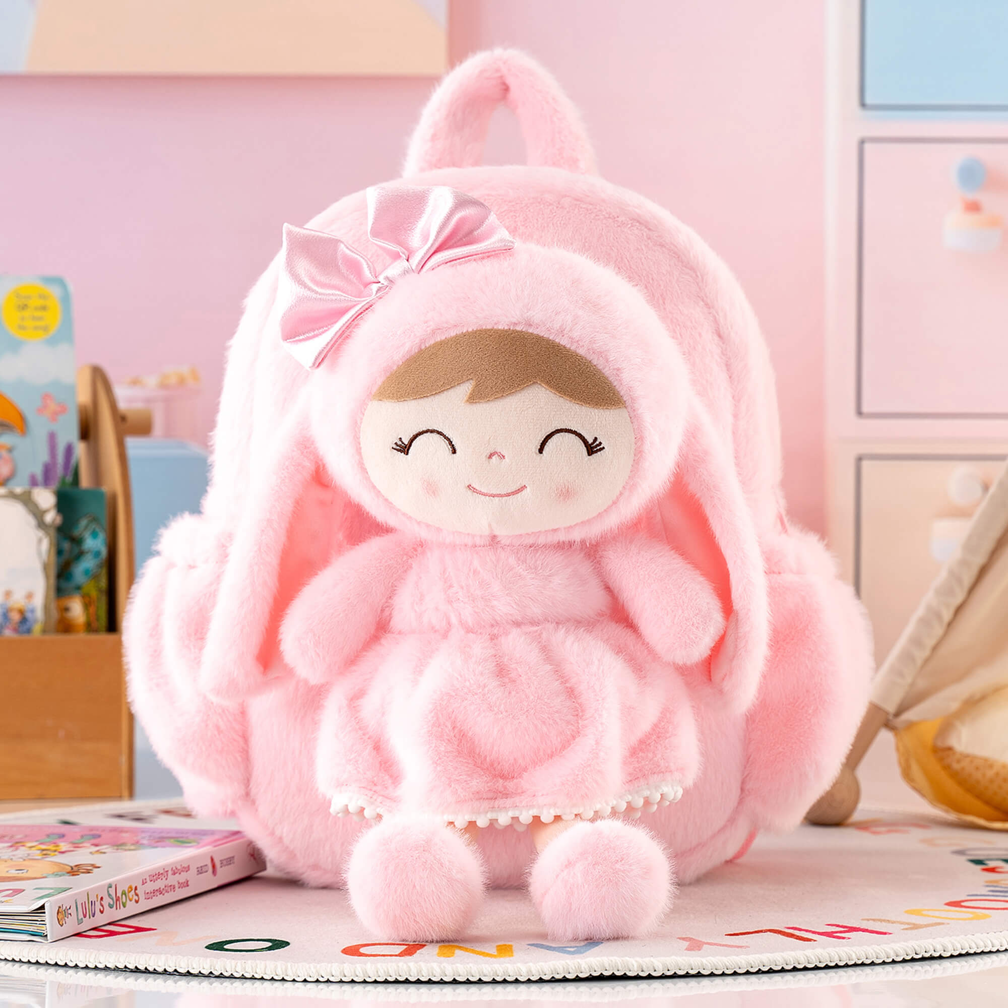 Gloveleya 11 - inch Toddler Girl Backpack Snow Ferret Kindergarten Backpacks with 12 - inch Pink Bunny Doll - Gloveleya Official