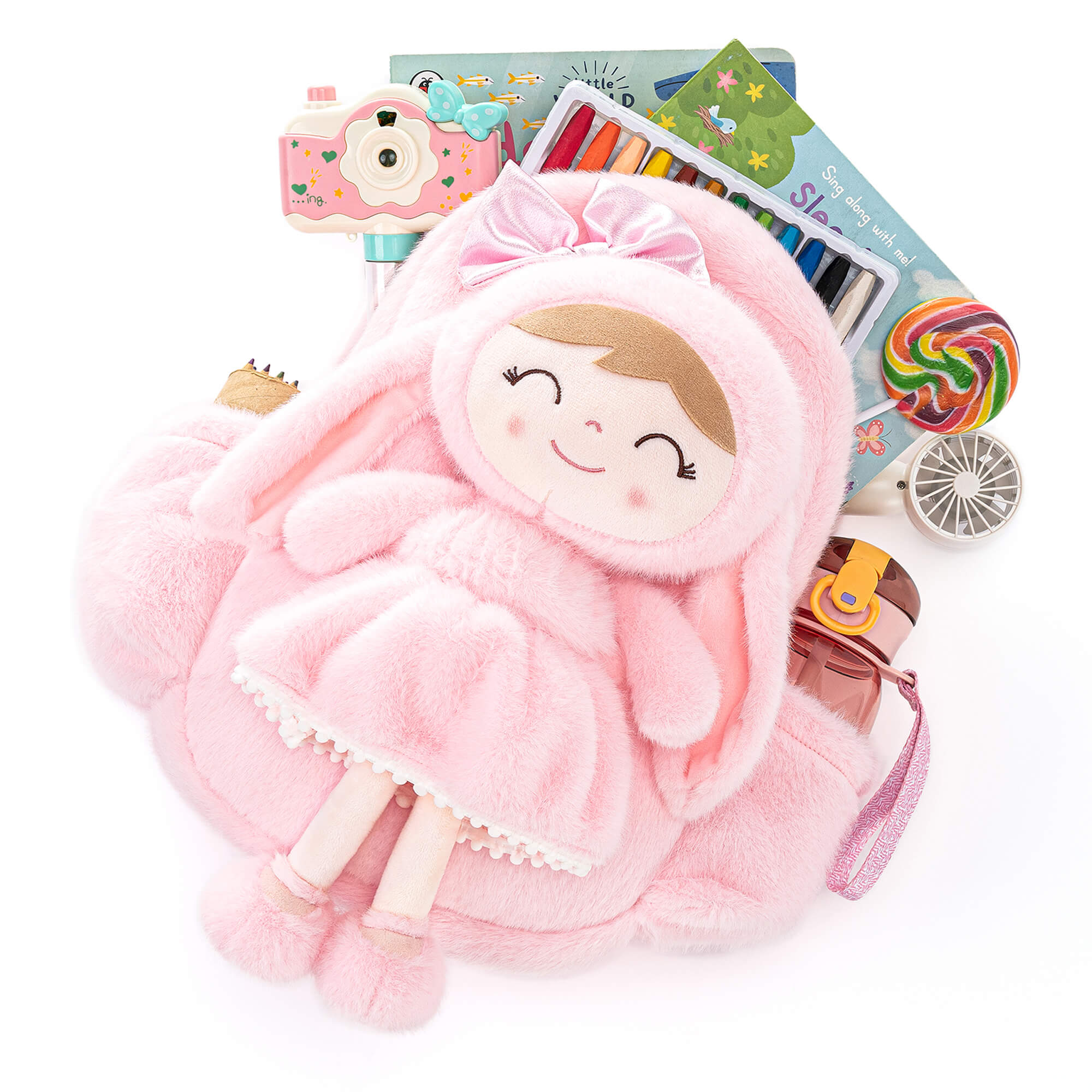 Gloveleya 11 - inch Toddler Girl Backpack Snow Ferret Kindergarten Backpacks with 12 - inch Pink Bunny Doll - Gloveleya Official