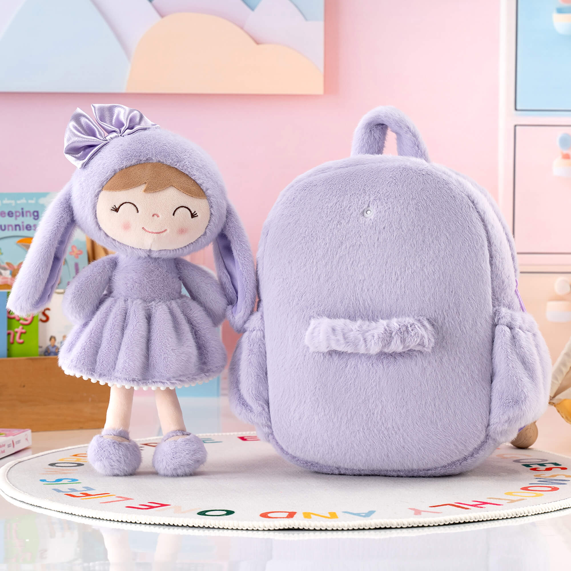 Gloveleya 11 - inch Toddler Girl Backpack Snow Ferret Kindergarten Backpacks with 12 - inch Purple Bunny Doll - Gloveleya Official