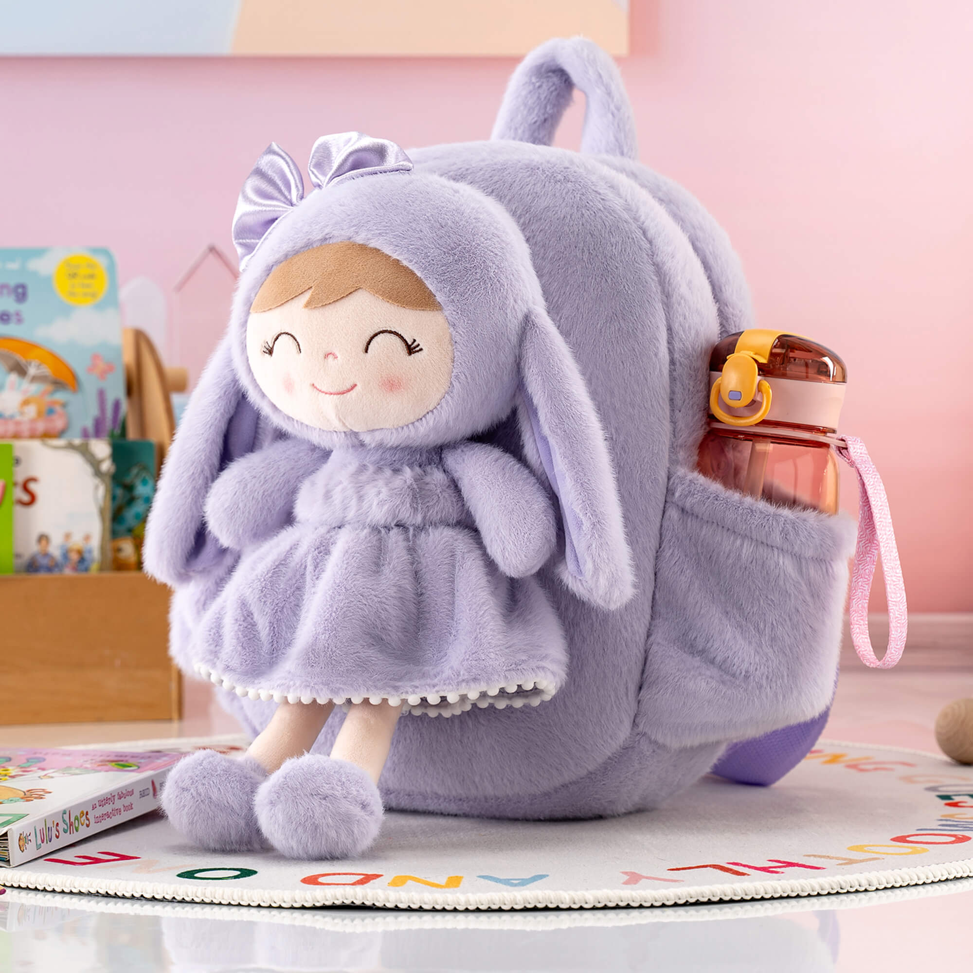 Gloveleya 11 - inch Toddler Girl Backpack Snow Ferret Kindergarten Backpacks with 12 - inch Purple Bunny Doll - Gloveleya Official