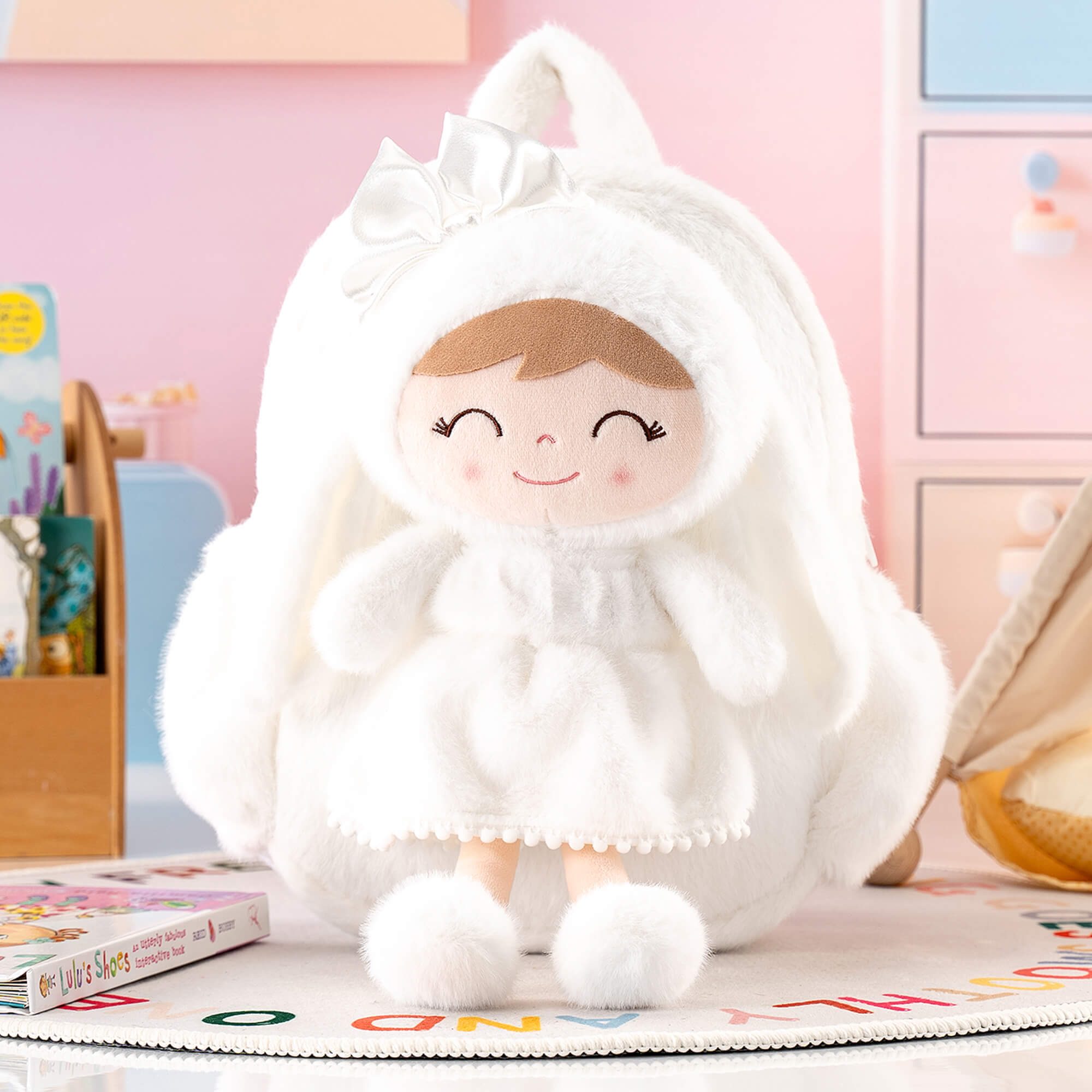 Gloveleya 11 - inch Toddler Girl Backpack Snow Ferret Kindergarten Backpacks with 12 - inch White Bunny Doll - Gloveleya Official