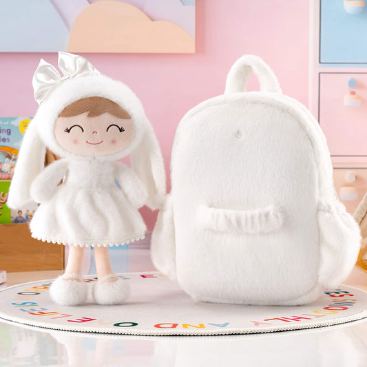 Gloveleya 11 - inch Toddler Girl Backpack Snow Ferret Kindergarten Backpacks with 12 - inch White Bunny Doll - Gloveleya Official