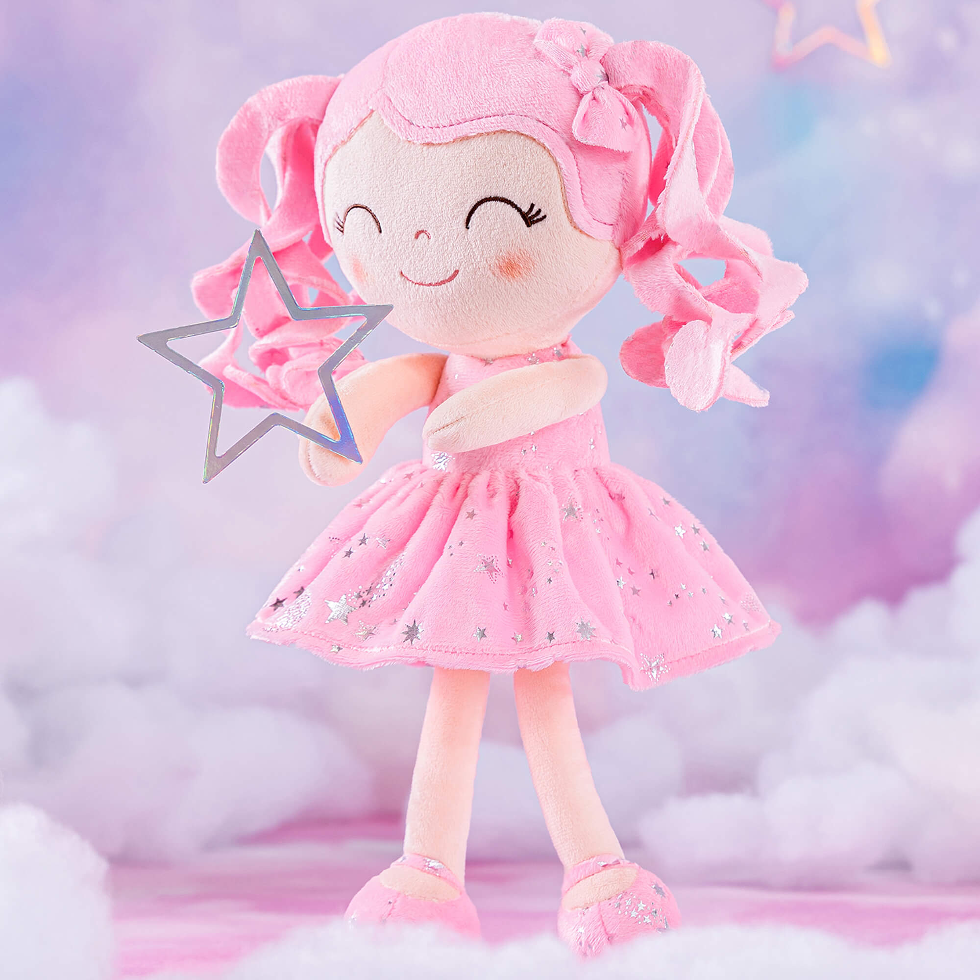 Gloveleya 12 - inch Curly Hair Starry Sky Dolls Bronzing Pinky Stars Skirt - Pure Pink Hair - Gloveleya Official