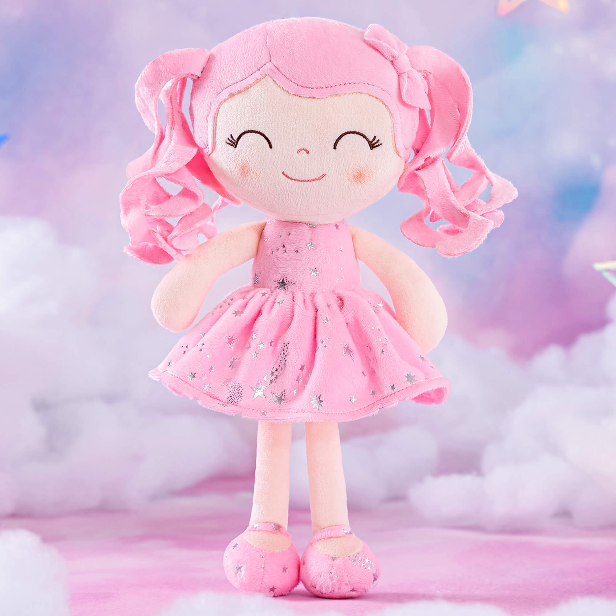 Gloveleya 12 - inch Curly Hair Starry Sky Dolls Bronzing Pinky Stars Skirt - Pure Pink Hair - Gloveleya Official