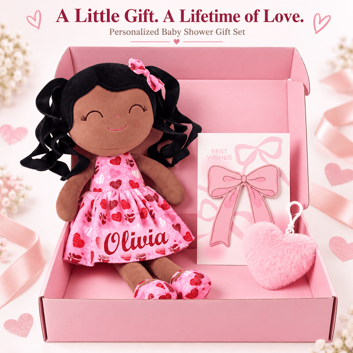 Gloveleya 12-Inch Personalized Baby Shower Gift Set – Black Hair Love Heart Doll - Gloveleya Official