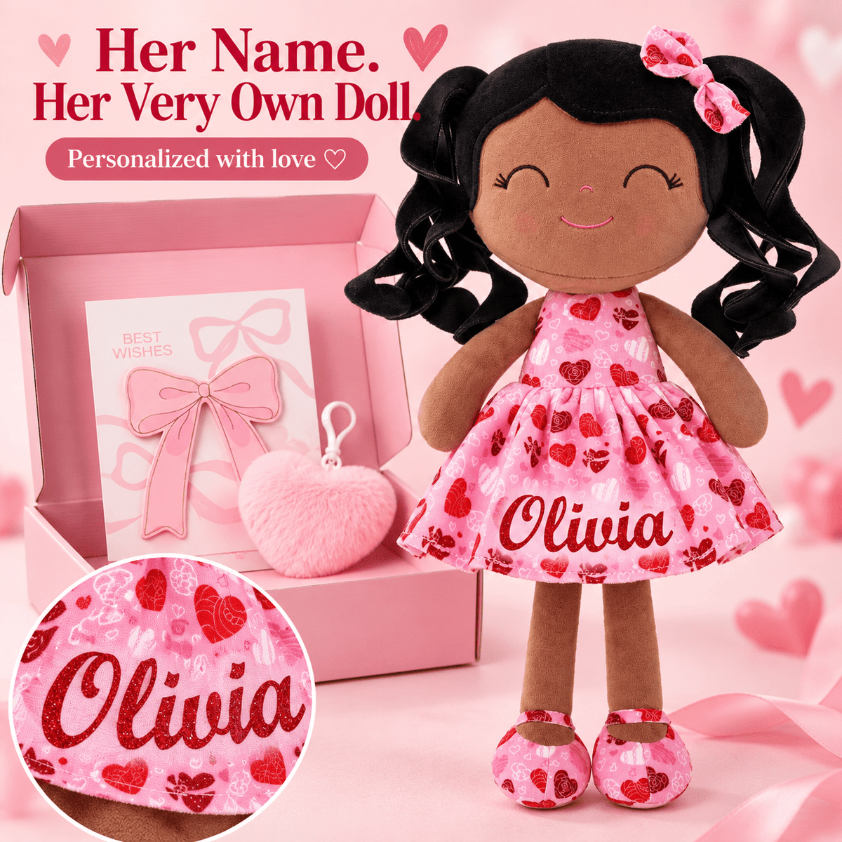 Gloveleya 12-Inch Personalized Baby Shower Gift Set – Black Hair Love Heart Doll - Gloveleya Official