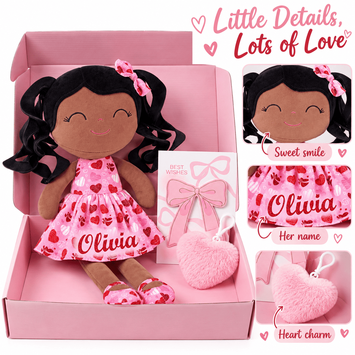 Gloveleya 12-Inch Personalized Baby Shower Gift Set – Black Hair Love Heart Doll - Gloveleya Official