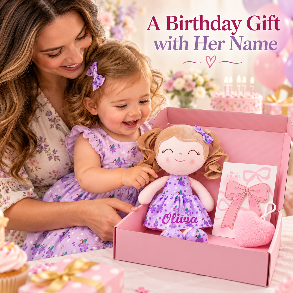 Gloveleya 12-Inch Personalized Baby Shower Gift Set – Grape Curly Hair Doll - Gloveleya Official