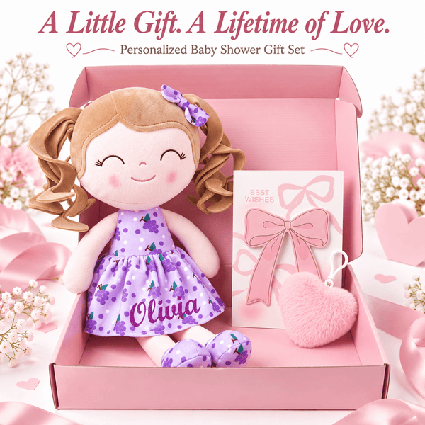 Gloveleya 12-Inch Personalized Baby Shower Gift Set – Grape Curly Hair Doll - Gloveleya Official