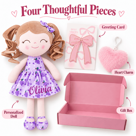 Gloveleya 12-Inch Personalized Baby Shower Gift Set – Grape Curly Hair Doll - Gloveleya Official