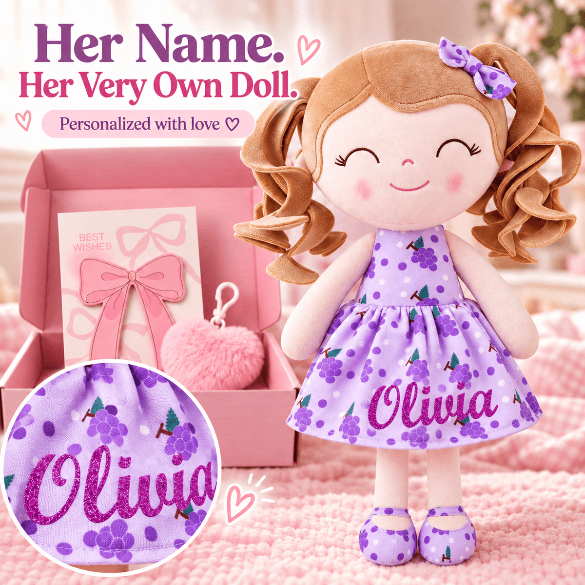 Gloveleya 12-Inch Personalized Baby Shower Gift Set – Grape Curly Hair Doll - Gloveleya Official