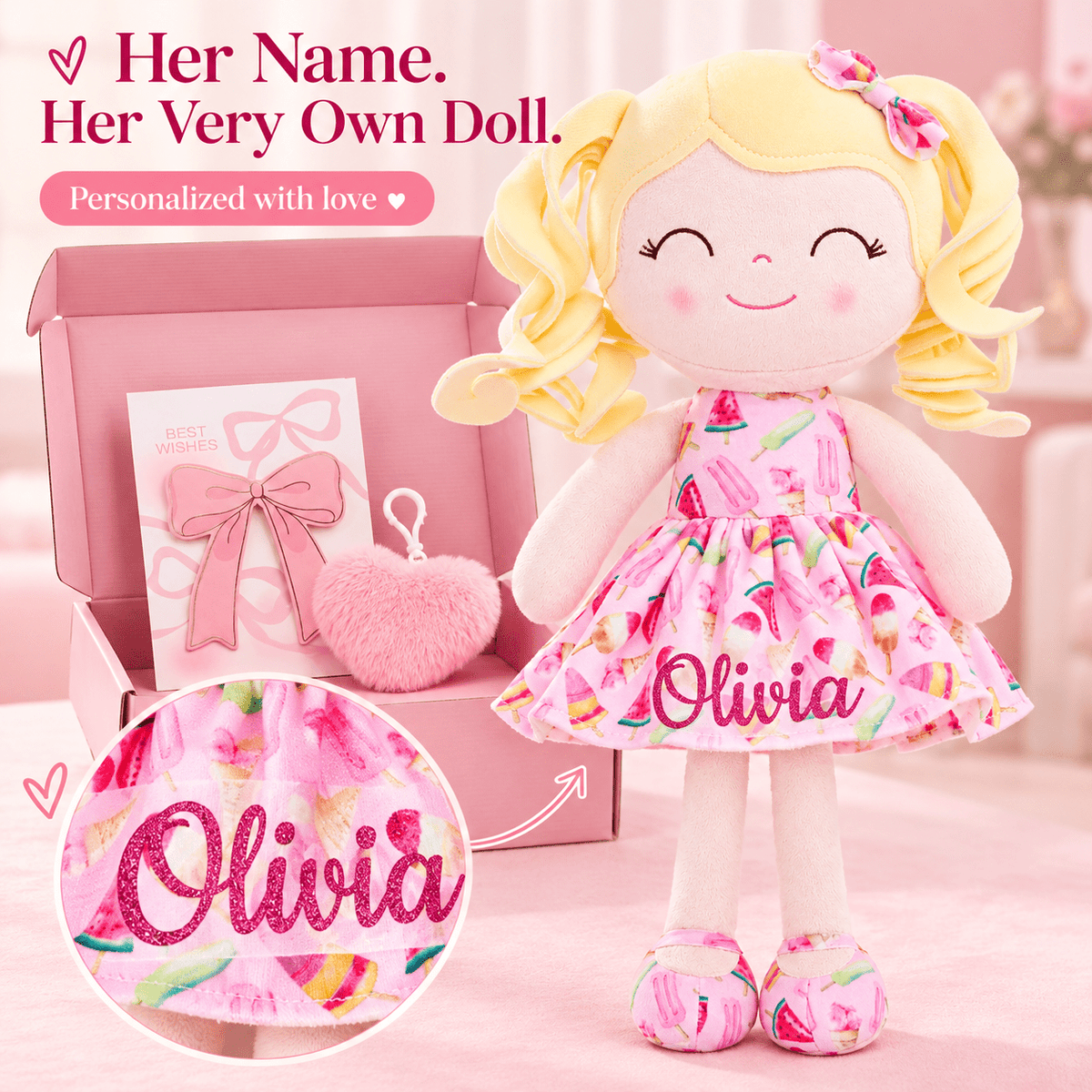 Gloveleya 12-Inch Personalized Baby Shower Gift Set – Ice Cream Curly Hair Doll - Gloveleya Official