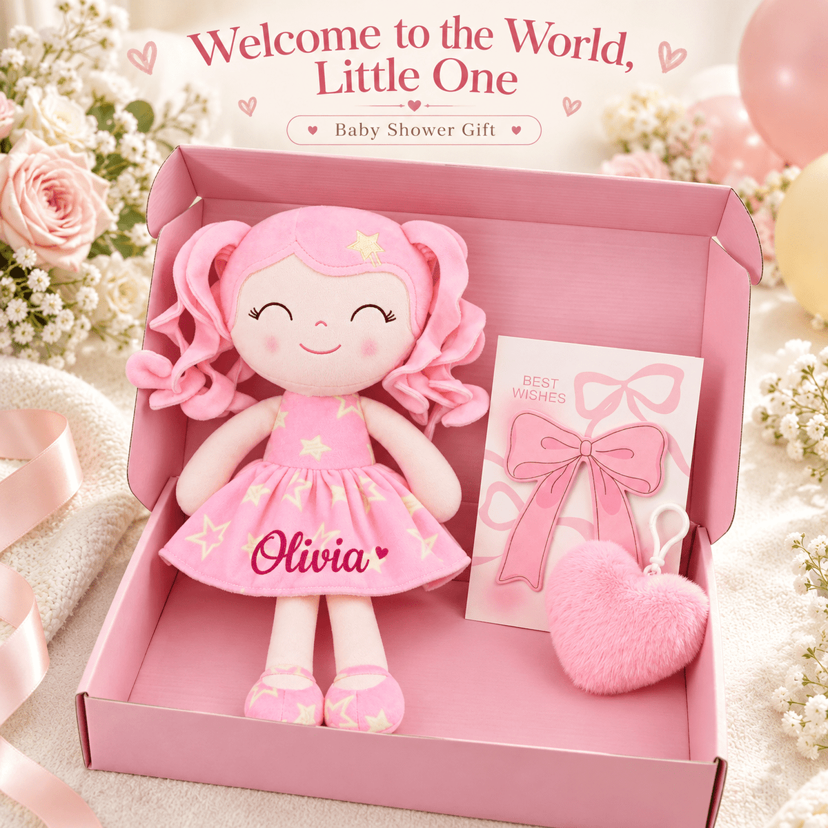 Gloveleya 12-Inch Personalized Baby Shower Gift Set – Pink Star Dress Doll - Gloveleya Official