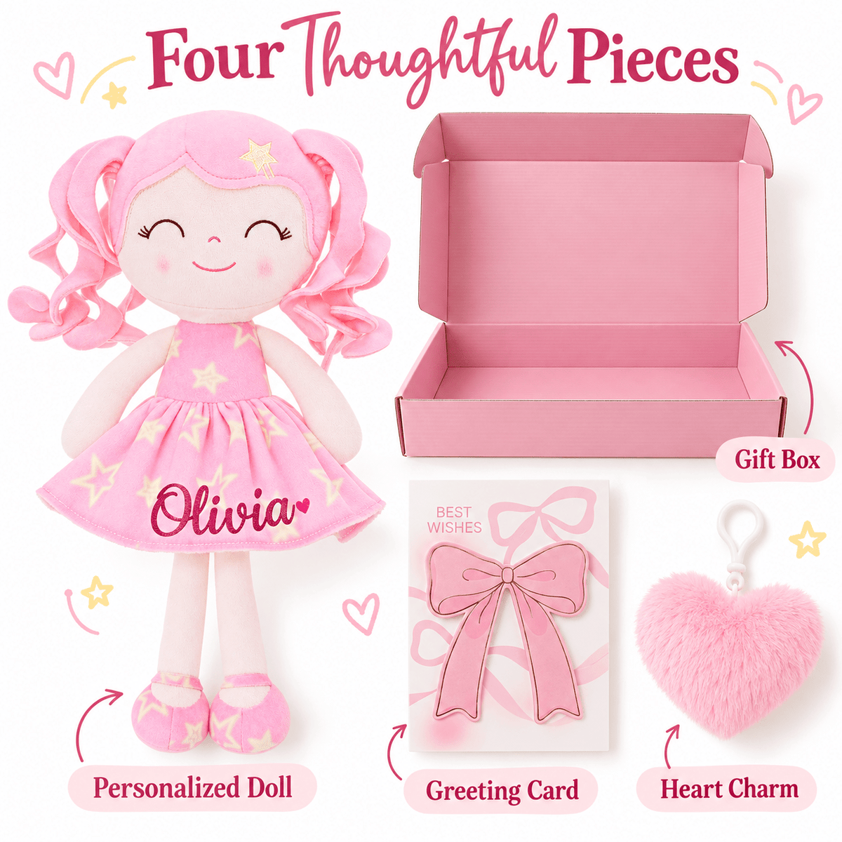 Gloveleya 12-Inch Personalized Baby Shower Gift Set – Pink Star Dress Doll - Gloveleya Official
