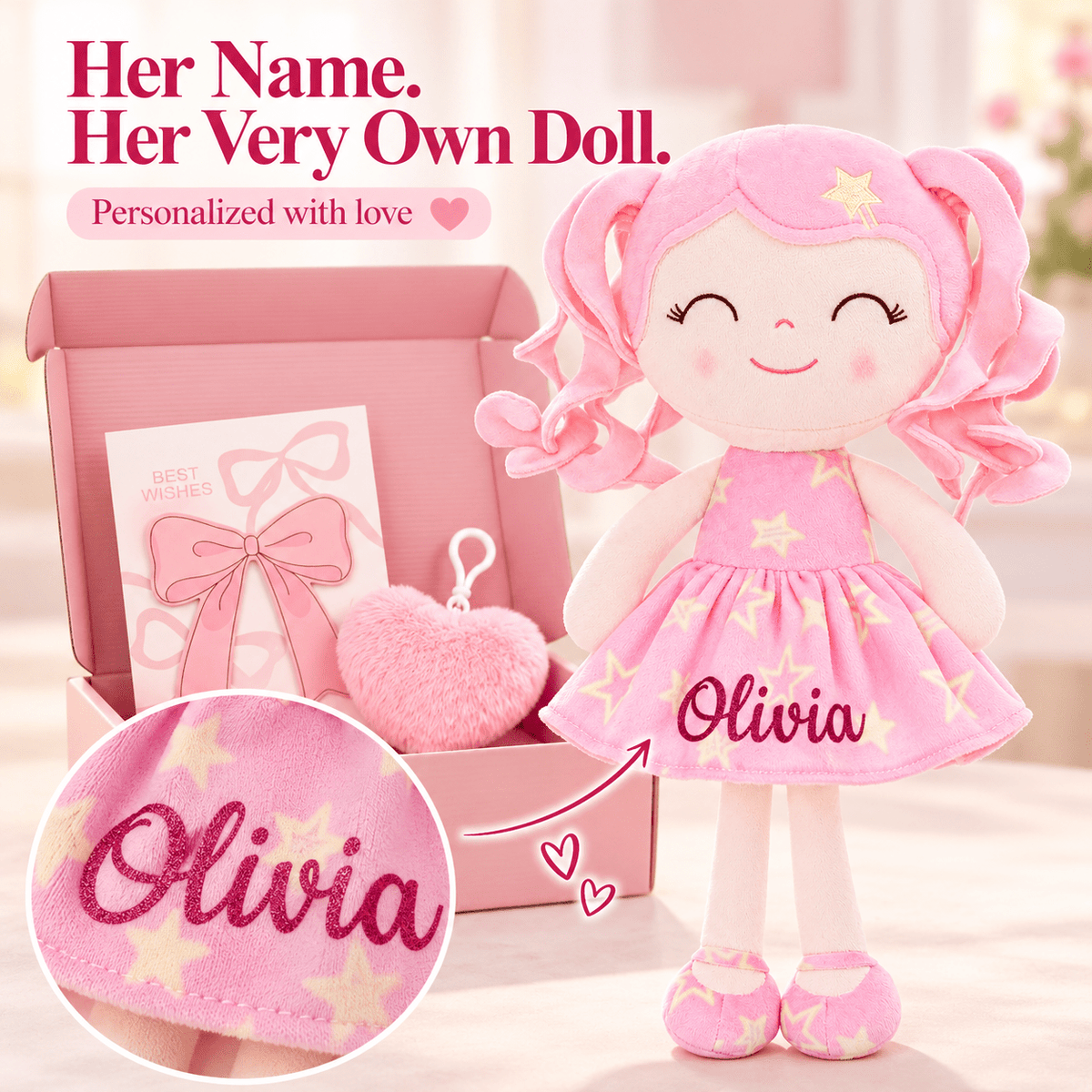 Gloveleya 12-Inch Personalized Baby Shower Gift Set – Pink Star Dress Doll - Gloveleya Official