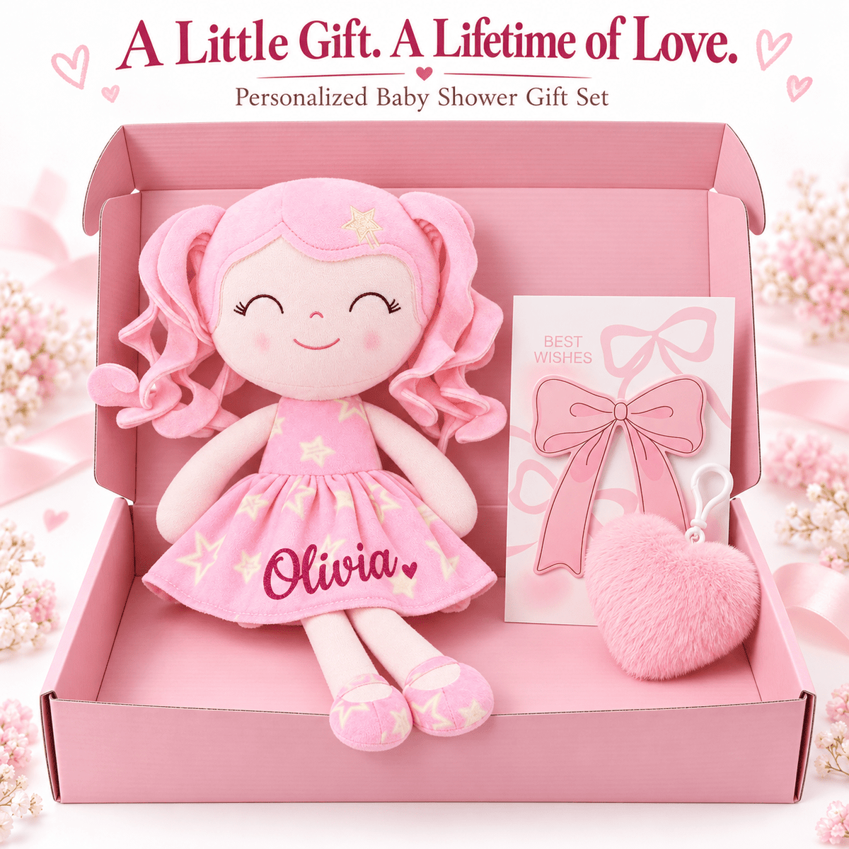 Personalized Pink Star Dress Doll baby shower gift set