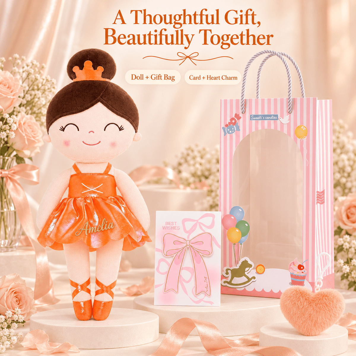 Gloveleya 13-inch Personalized Plush Dolls Iridescent Glitter Ballerina Series Orange Ballet Dream - Gloveleya Official