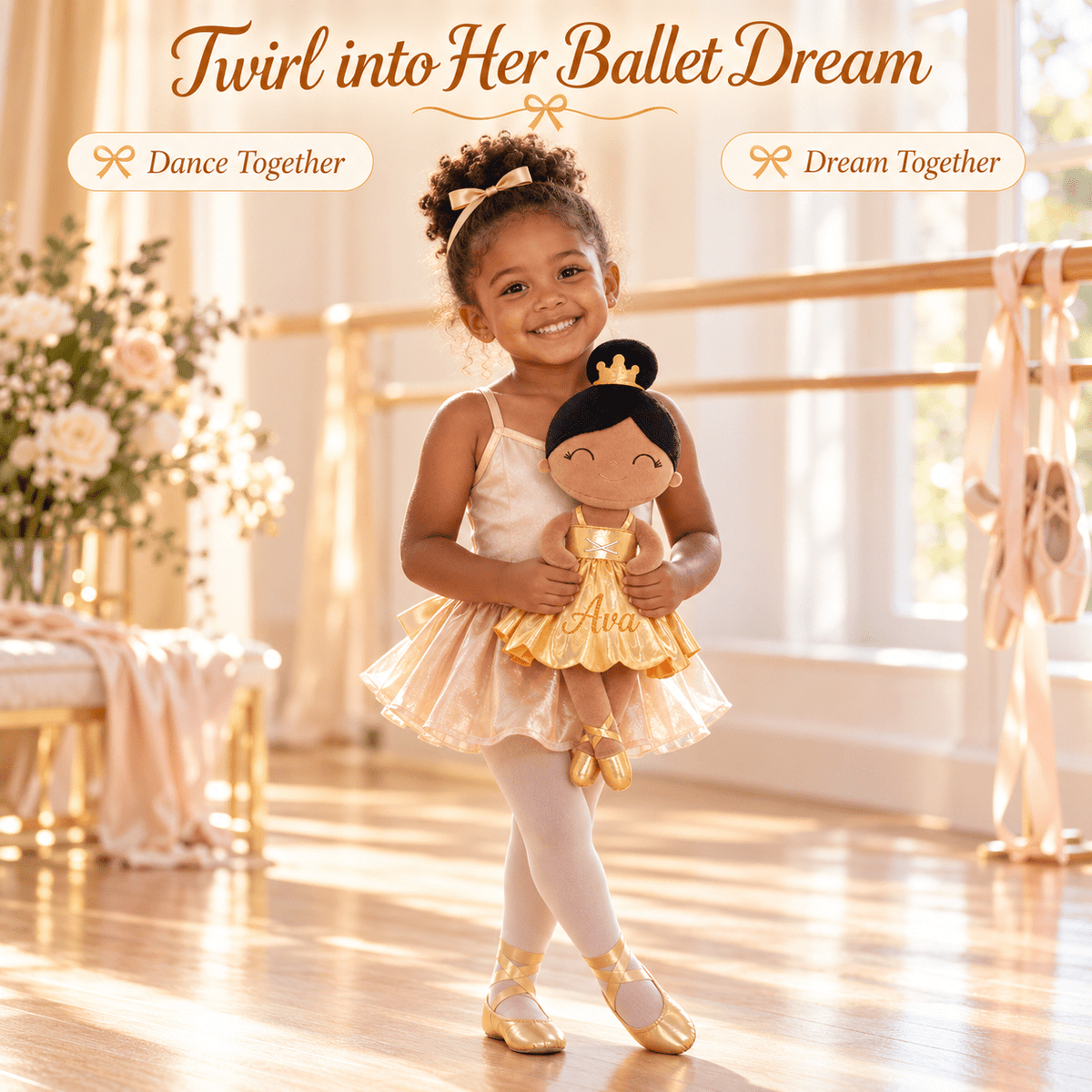 Gloveleya 13-inch Personalized Plush Dolls Iridescent Glitter Ballerina Series Tanned Gold Ballet Dream - Gloveleya Official