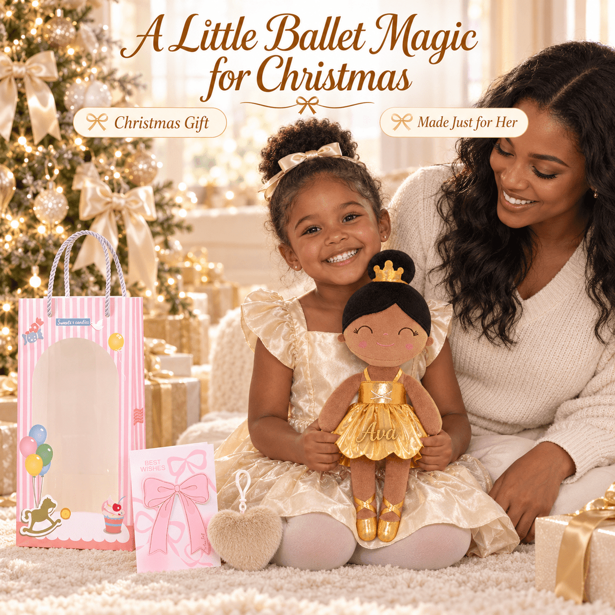 Gloveleya 13-inch Personalized Plush Dolls Iridescent Glitter Ballerina Series Tanned Gold Ballet Dream - Gloveleya Official