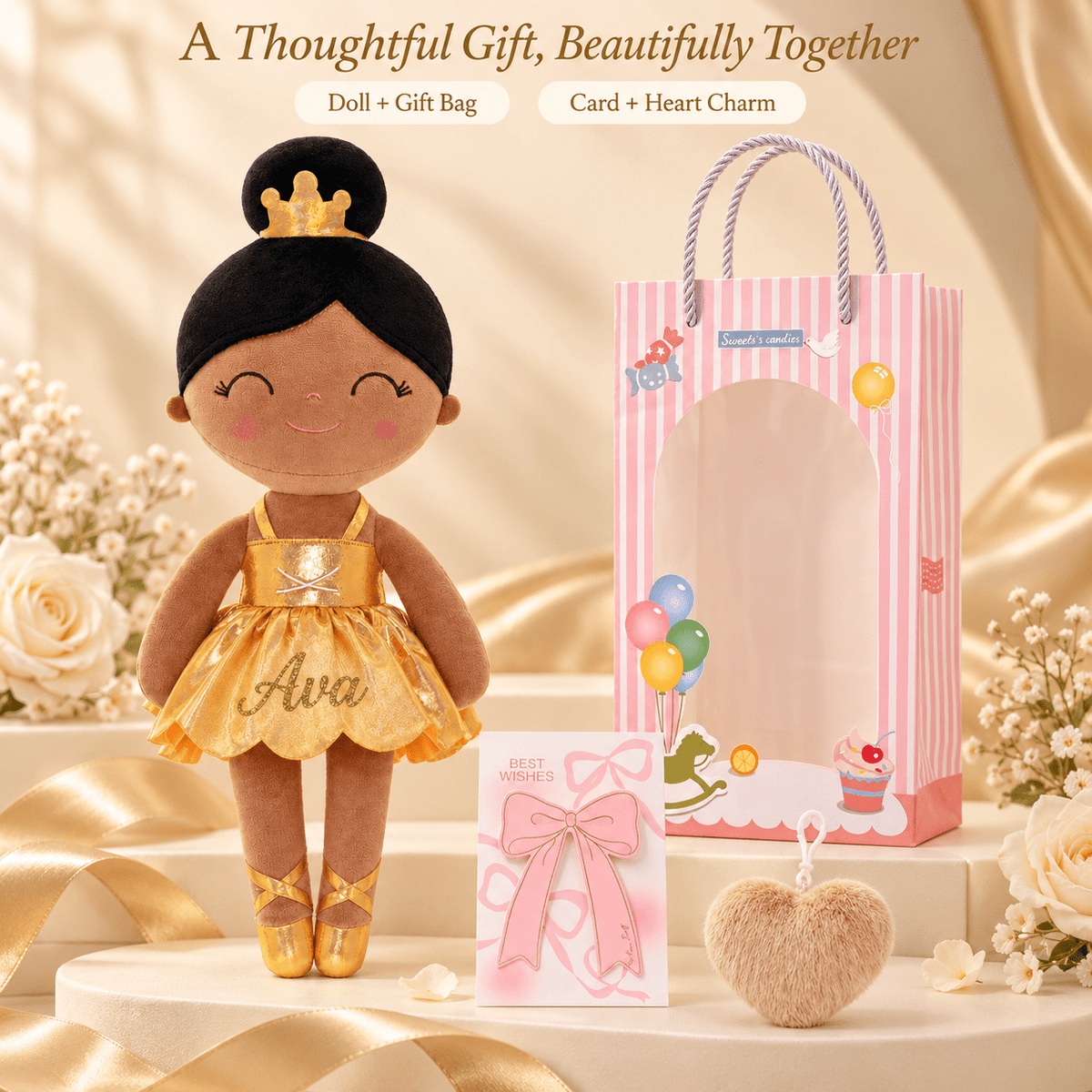 Gloveleya 13-inch Personalized Plush Dolls Iridescent Glitter Ballerina Series Tanned Gold Ballet Dream - Gloveleya Official