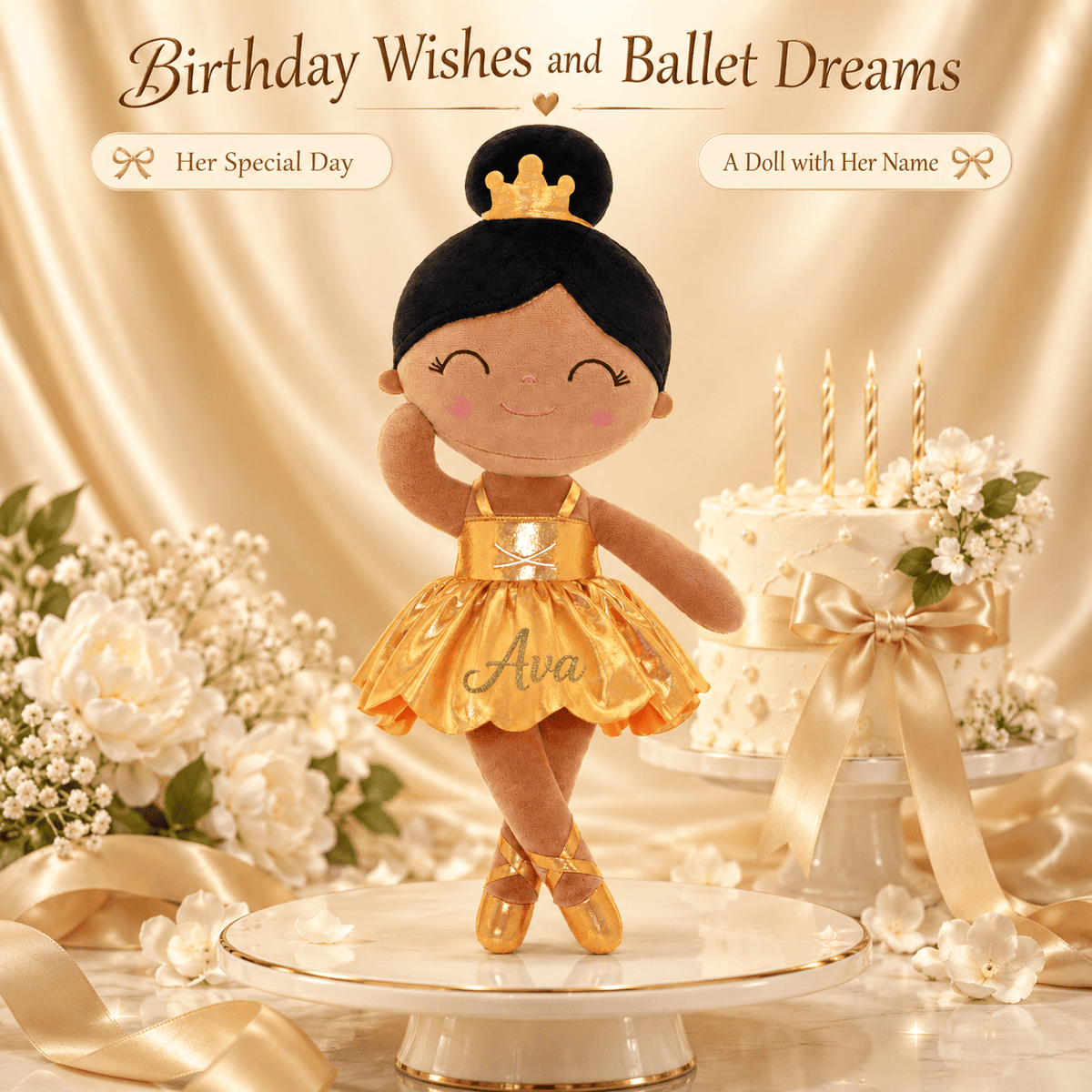 Gloveleya 13-inch Personalized Plush Dolls Iridescent Glitter Ballerina Series Tanned Gold Ballet Dream - Gloveleya Official