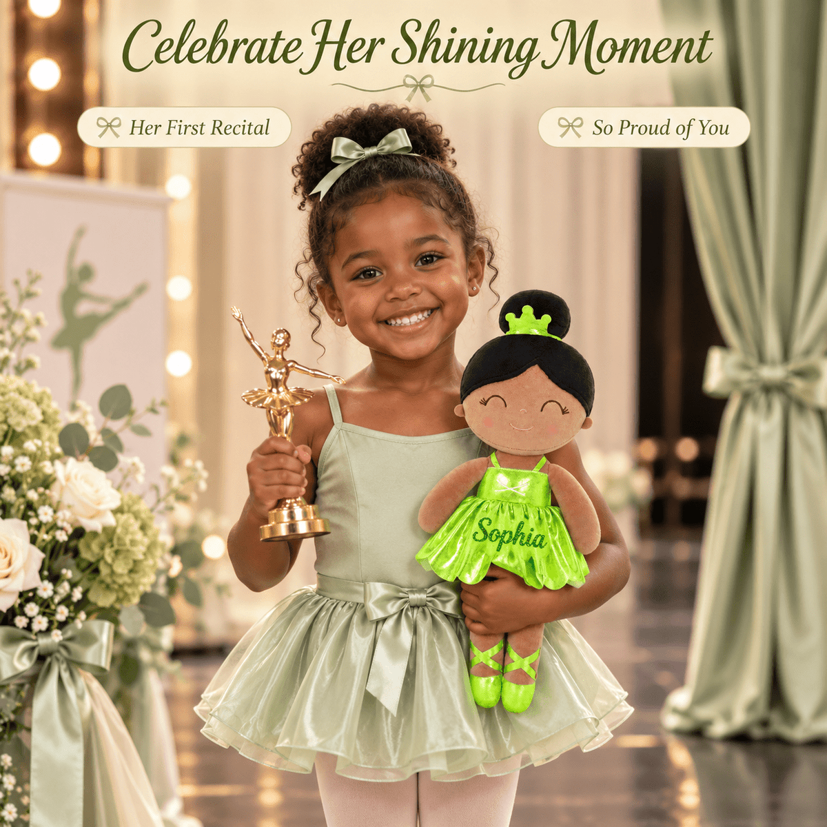 Gloveleya 13-inch Personalized Plush Dolls Iridescent Glitter Ballerina Series Tanned Green Ballet Dream - Gloveleya Official