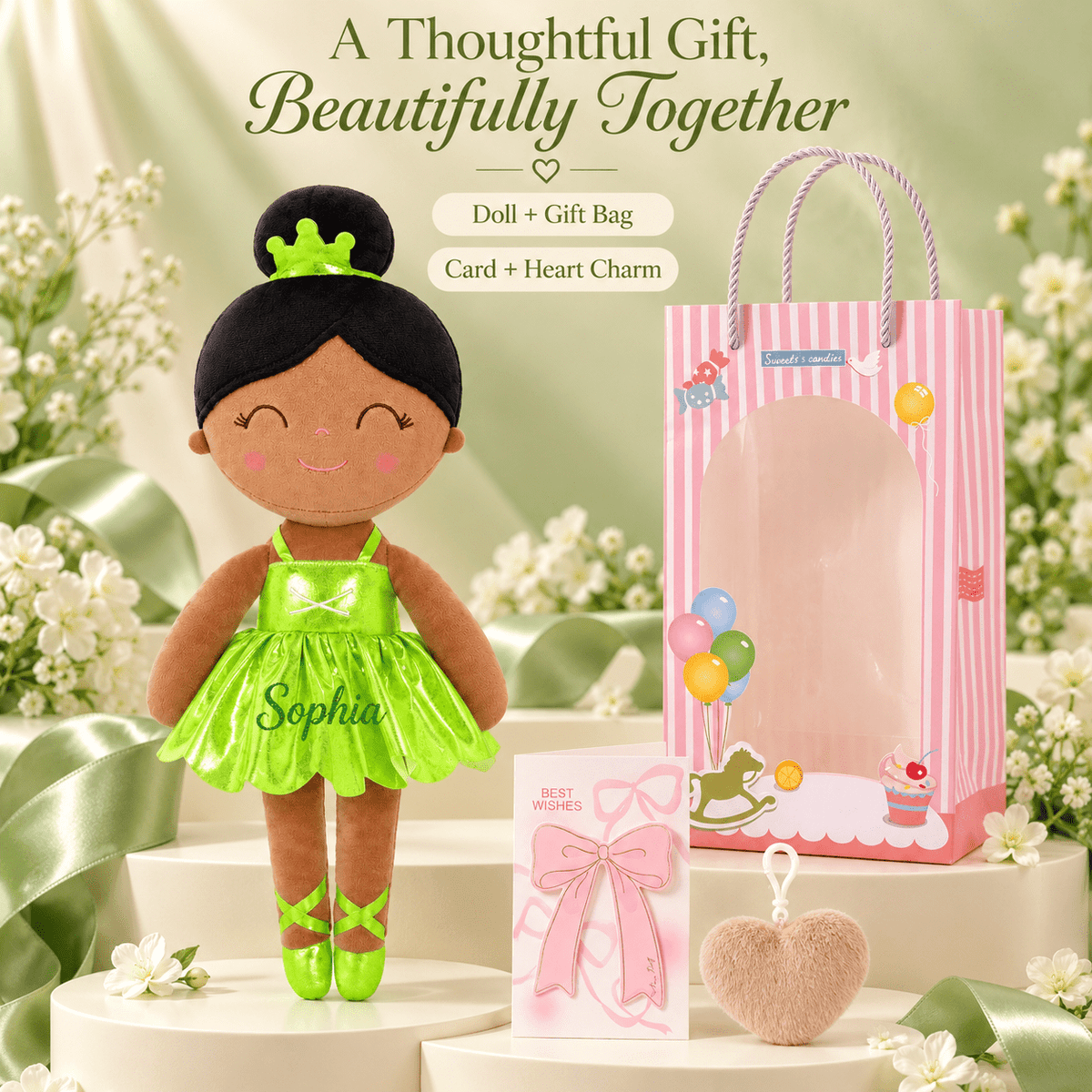 Gloveleya 13-inch Personalized Plush Dolls Iridescent Glitter Ballerina Series Tanned Green Ballet Dream - Gloveleya Official