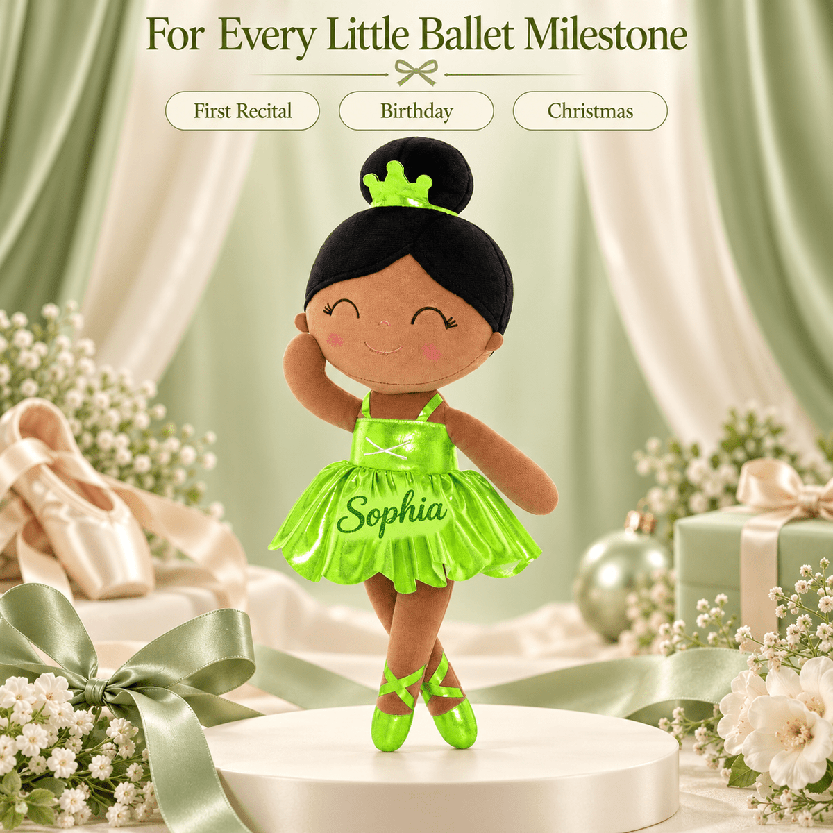 Gloveleya 13-inch Personalized Plush Dolls Iridescent Glitter Ballerina Series Tanned Green Ballet Dream - Gloveleya Official