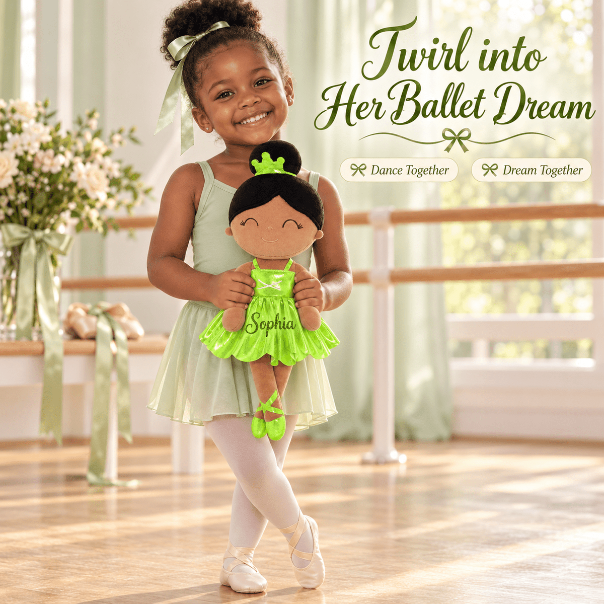 Gloveleya 13-inch Personalized Plush Dolls Iridescent Glitter Ballerina Series Tanned Green Ballet Dream - Gloveleya Official