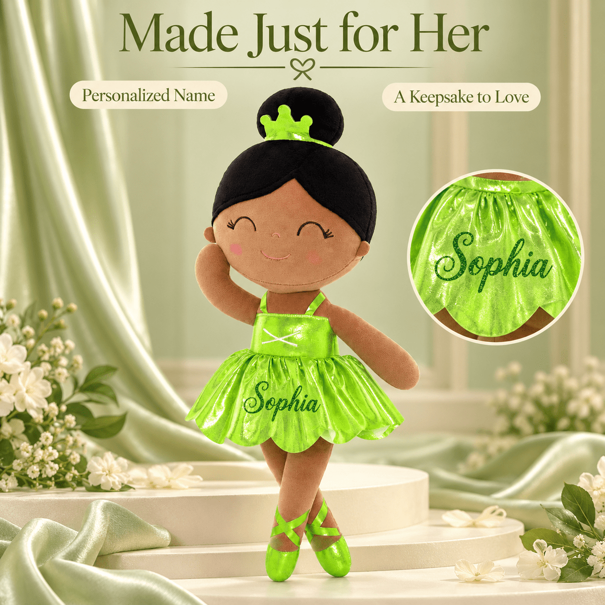 Gloveleya 13-inch Personalized Plush Dolls Iridescent Glitter Ballerina Series Tanned Green Ballet Dream - Gloveleya Official