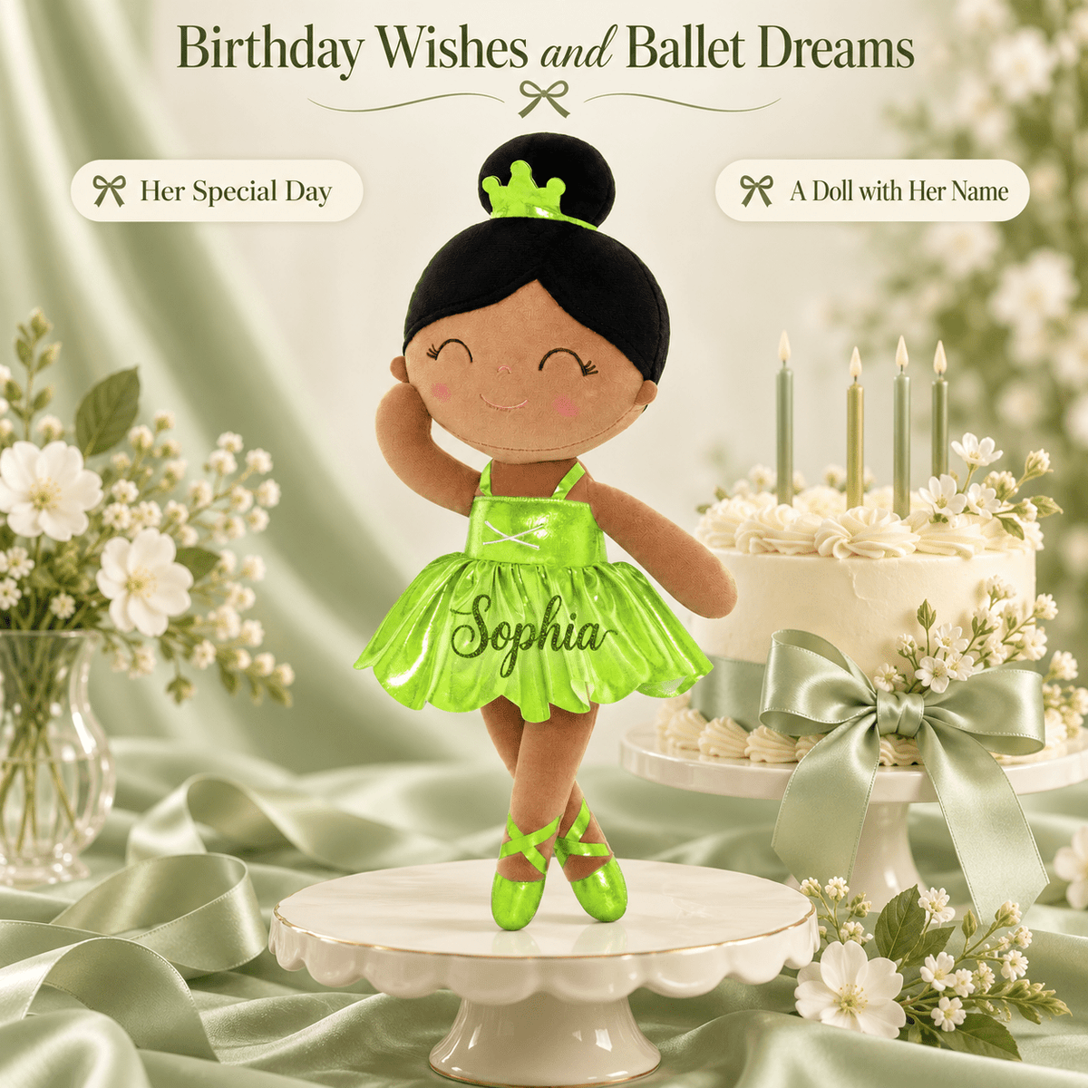 Gloveleya 13-inch Personalized Plush Dolls Iridescent Glitter Ballerina Series Tanned Green Ballet Dream - Gloveleya Official