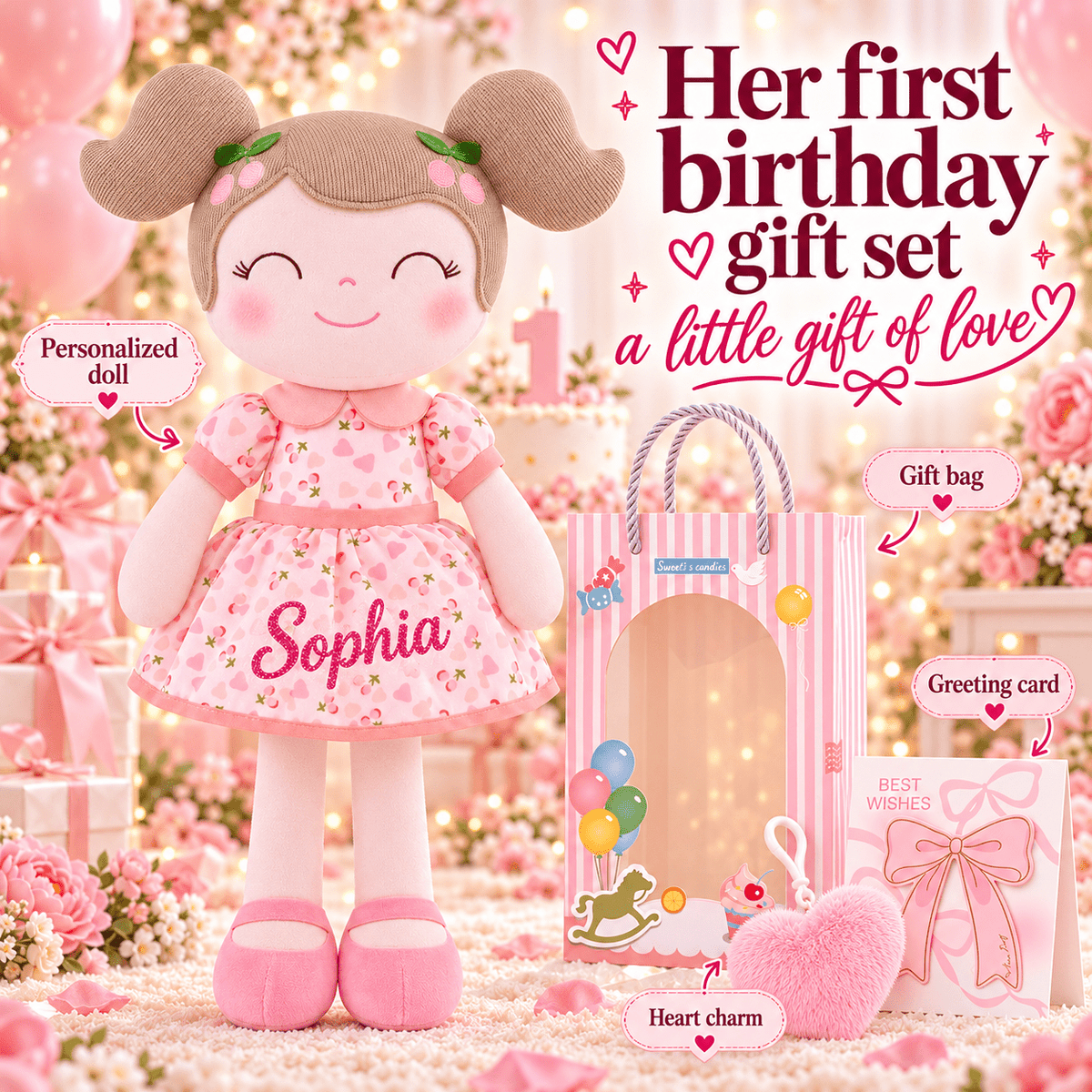 Gloveleya 16-Inch Personalized Spring Cherry Girl Doll – Pink - Gloveleya Official