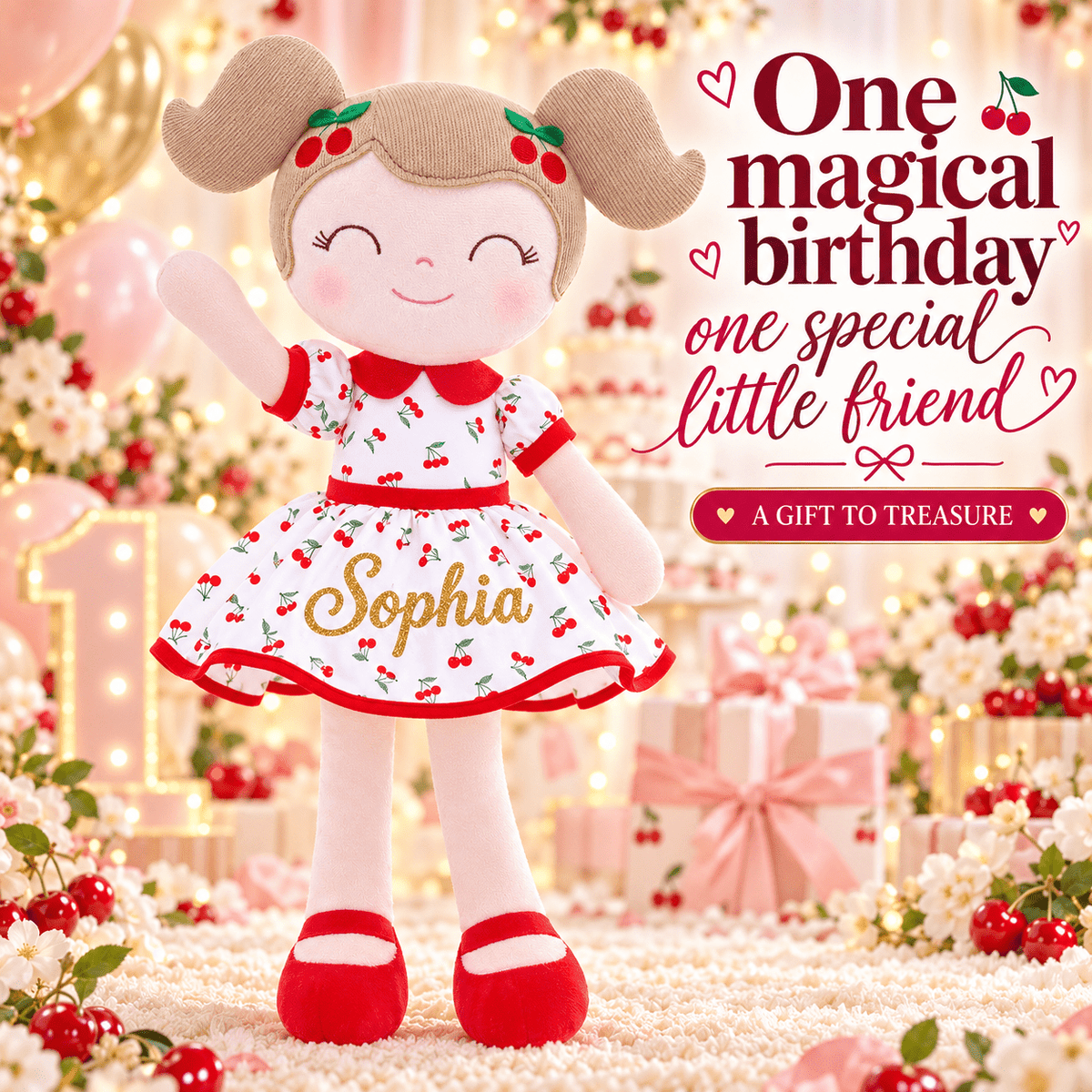 Gloveleya 16-Inch Personalized Spring Cherry Girl Doll – Red - Gloveleya Official