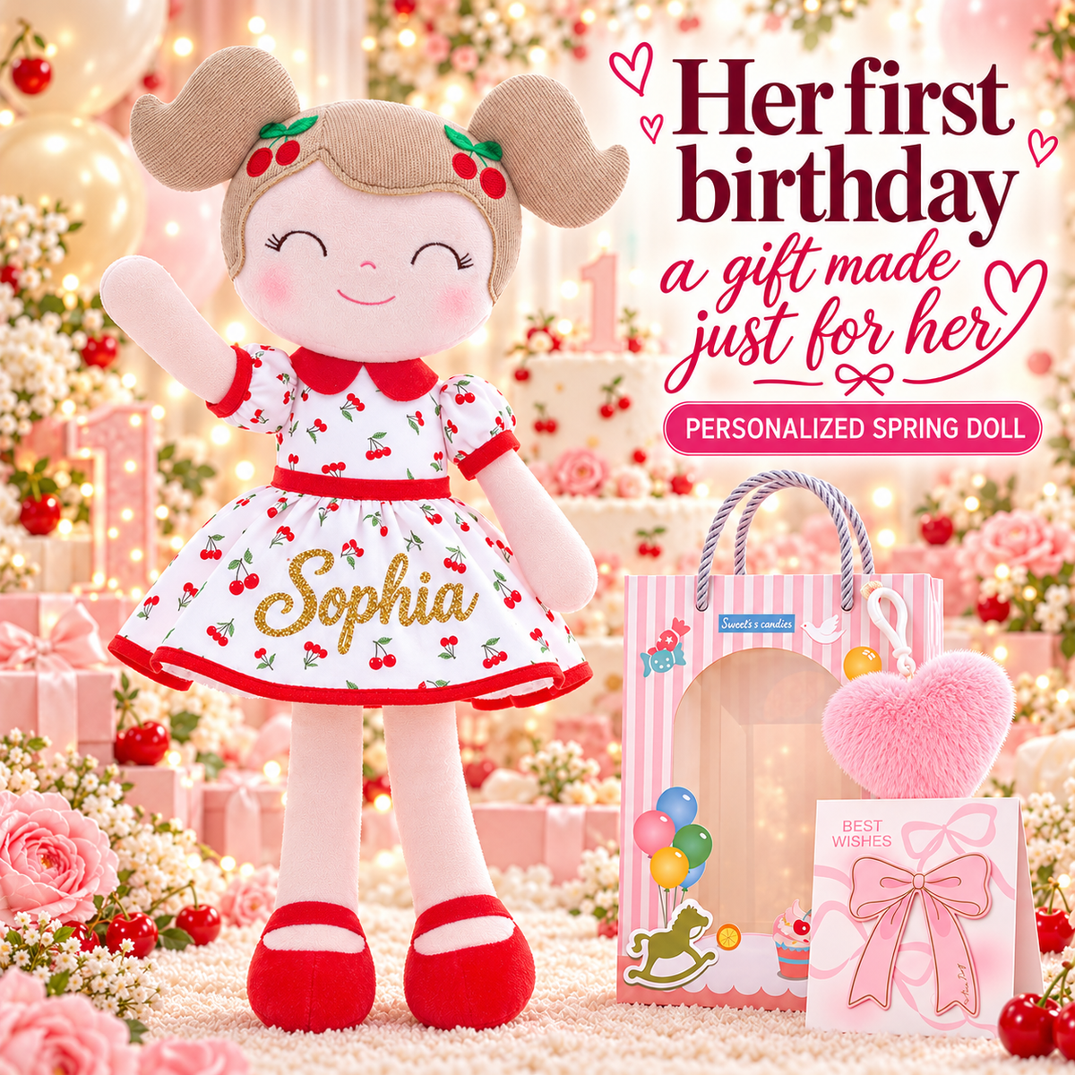 Gloveleya 16-Inch Personalized Spring Cherry Girl Doll – Red - Gloveleya Official