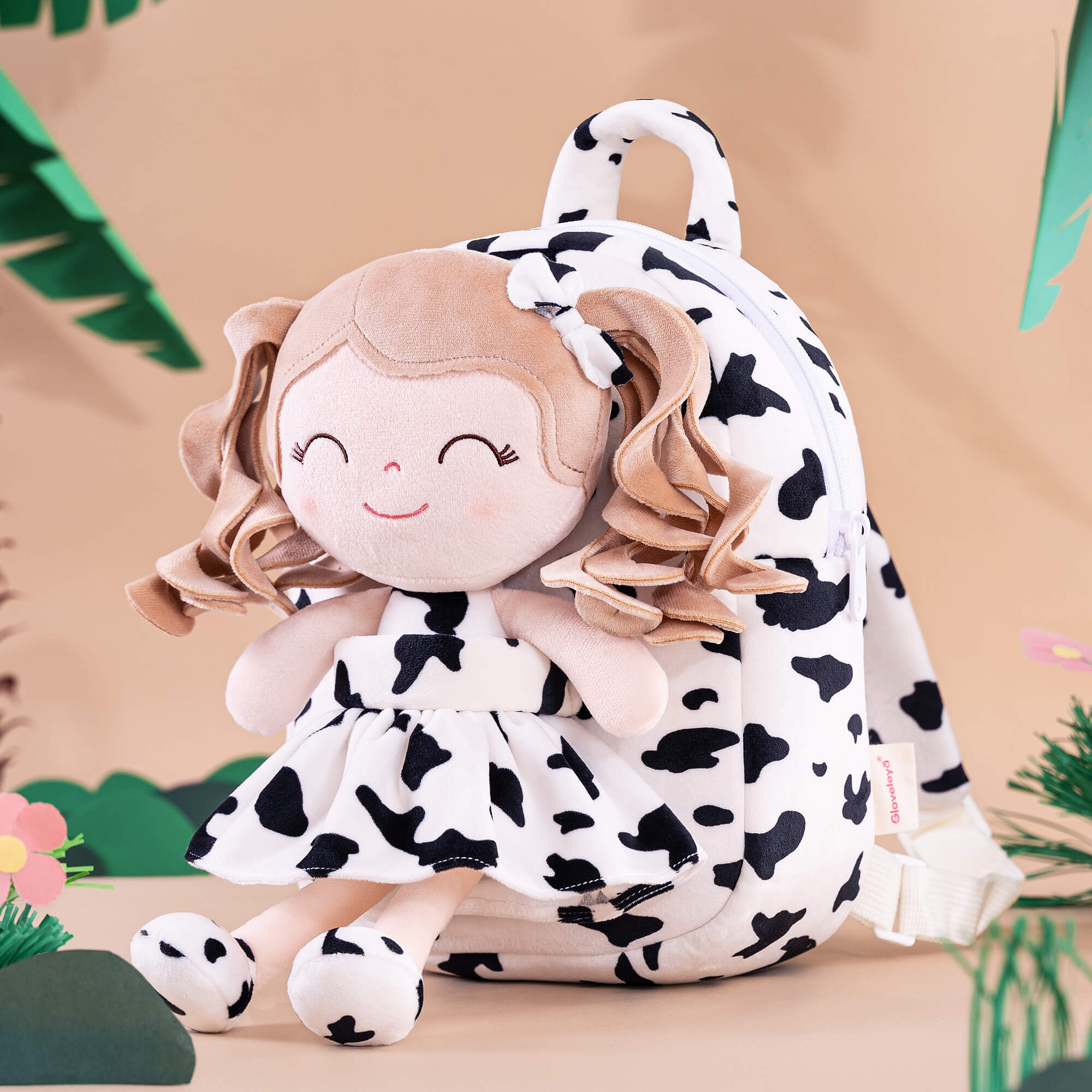 Gloveleya 9 - inch Personalized Plush Curly Animal Dolls Backpack Cow - Gloveleya Official