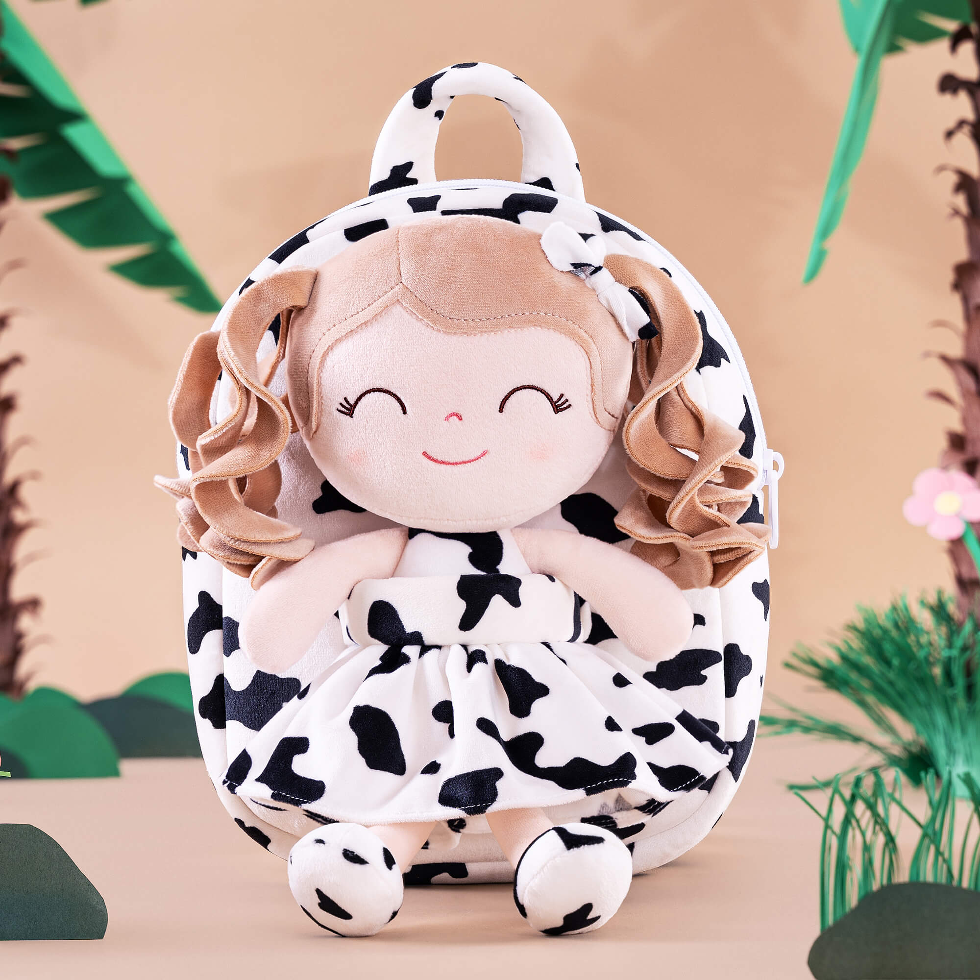 Gloveleya 9 - inch Personalized Plush Curly Animal Dolls Backpack Cow - Gloveleya Official