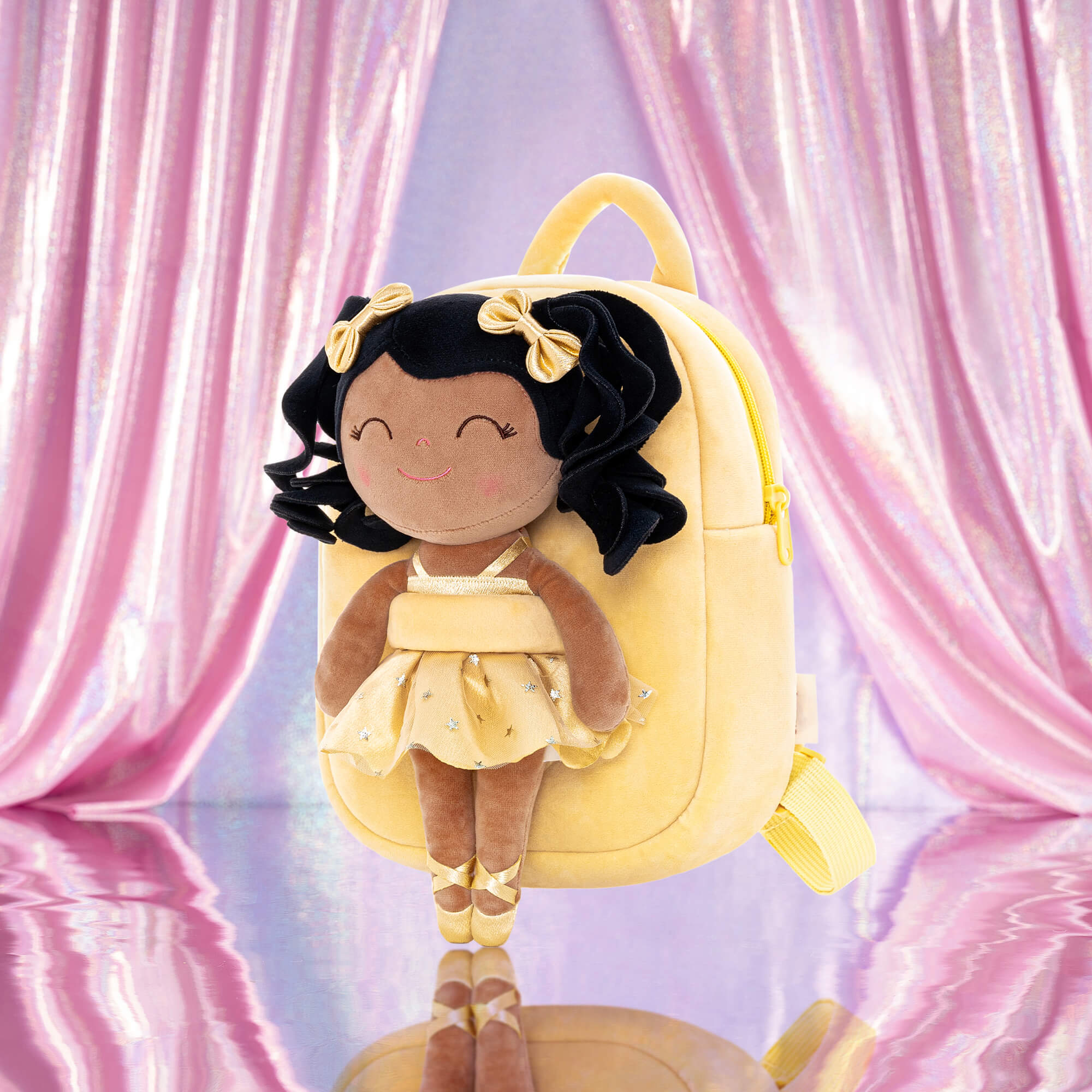 Gloveleya 9 - inch Personalized Plush Curly Ballet Girl Dolls Backpack Tanned Gold Ballet Dream - Gloveleya Official