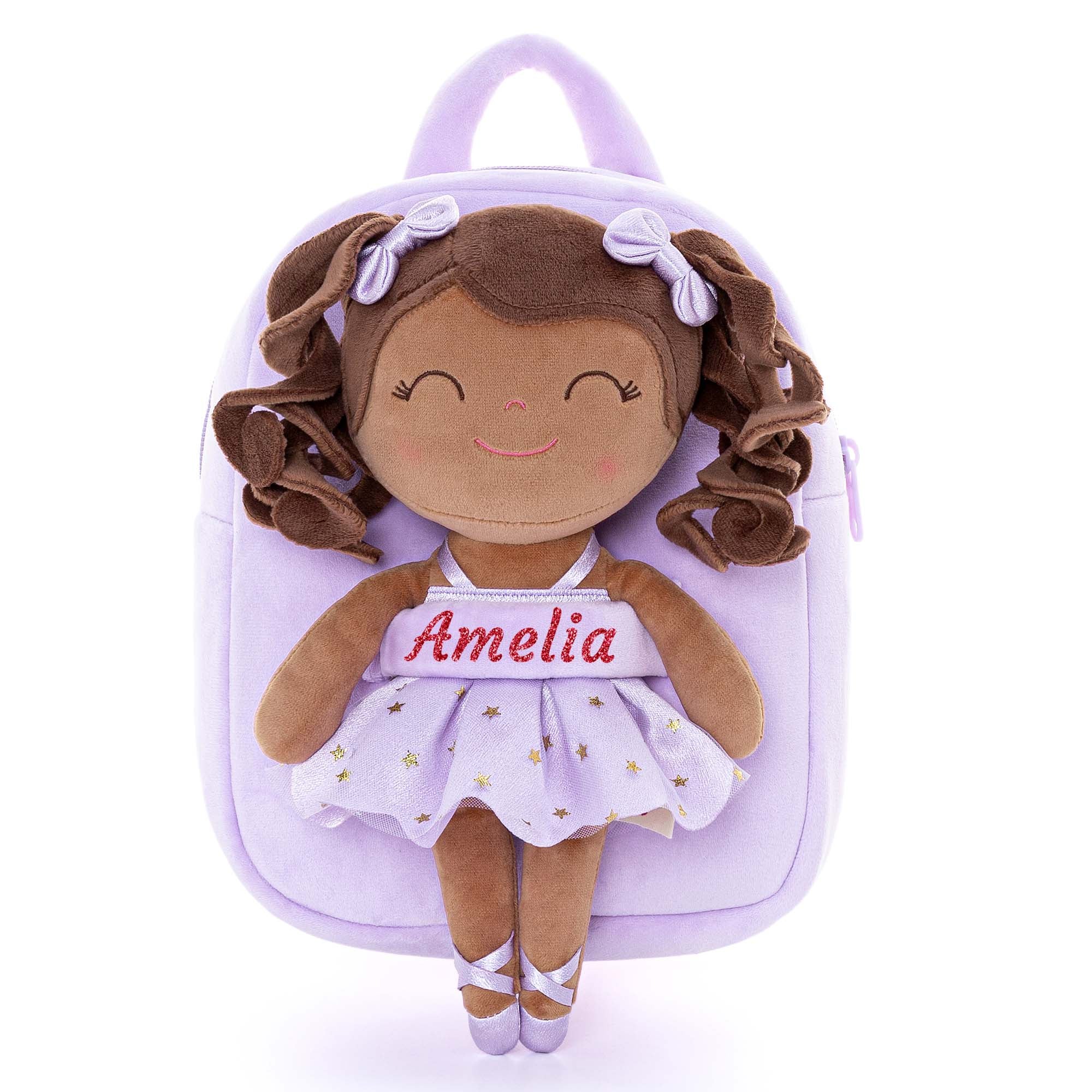 Gloveleya 9 - inch Personalized Plush Curly Ballet Girl Dolls Backpack Tanned Purple Ballet Dream - Gloveleya Official