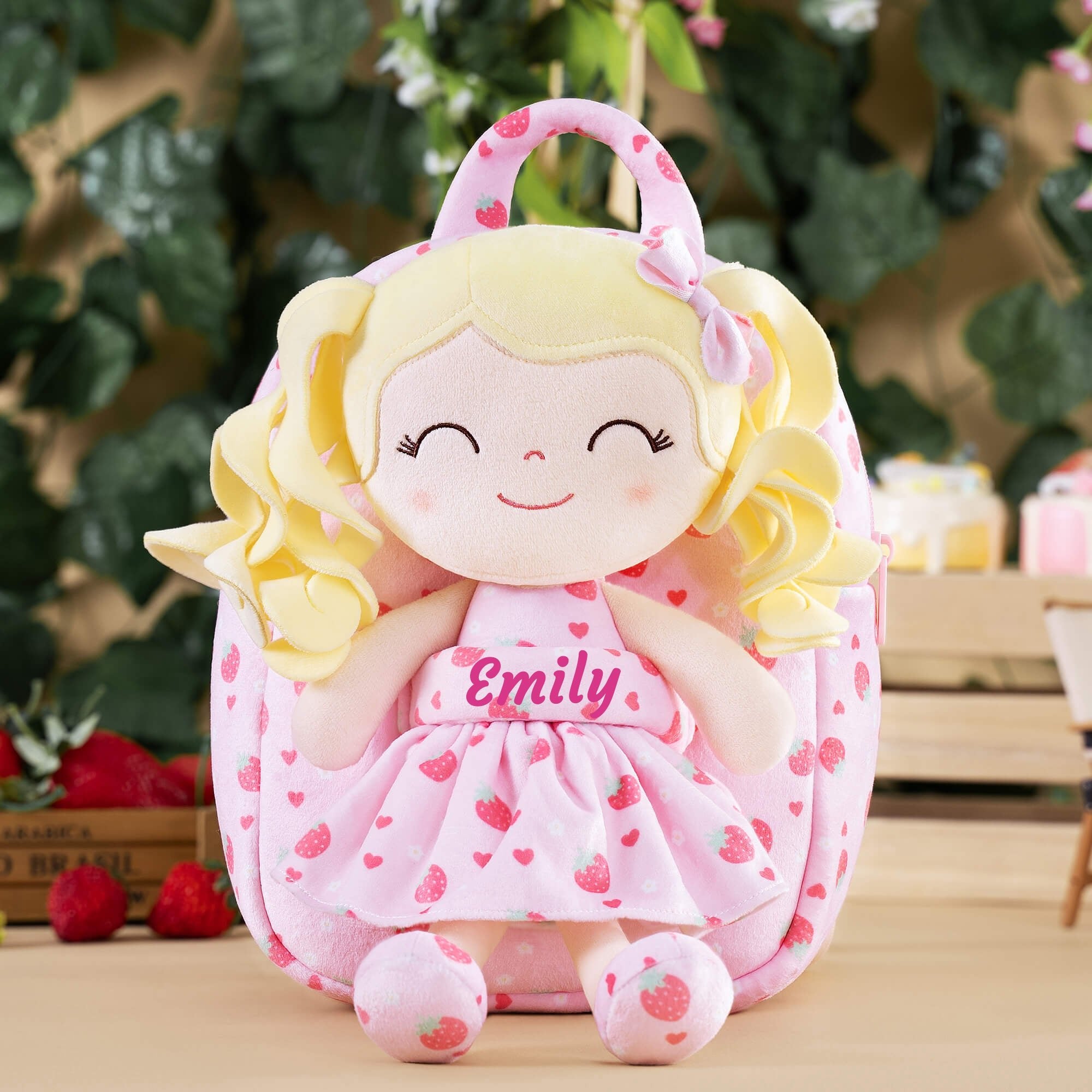 Gloveleya 9 - inch Personalized Plush Curly Fruit Dolls Backpack Strawberry - Gloveleya Official