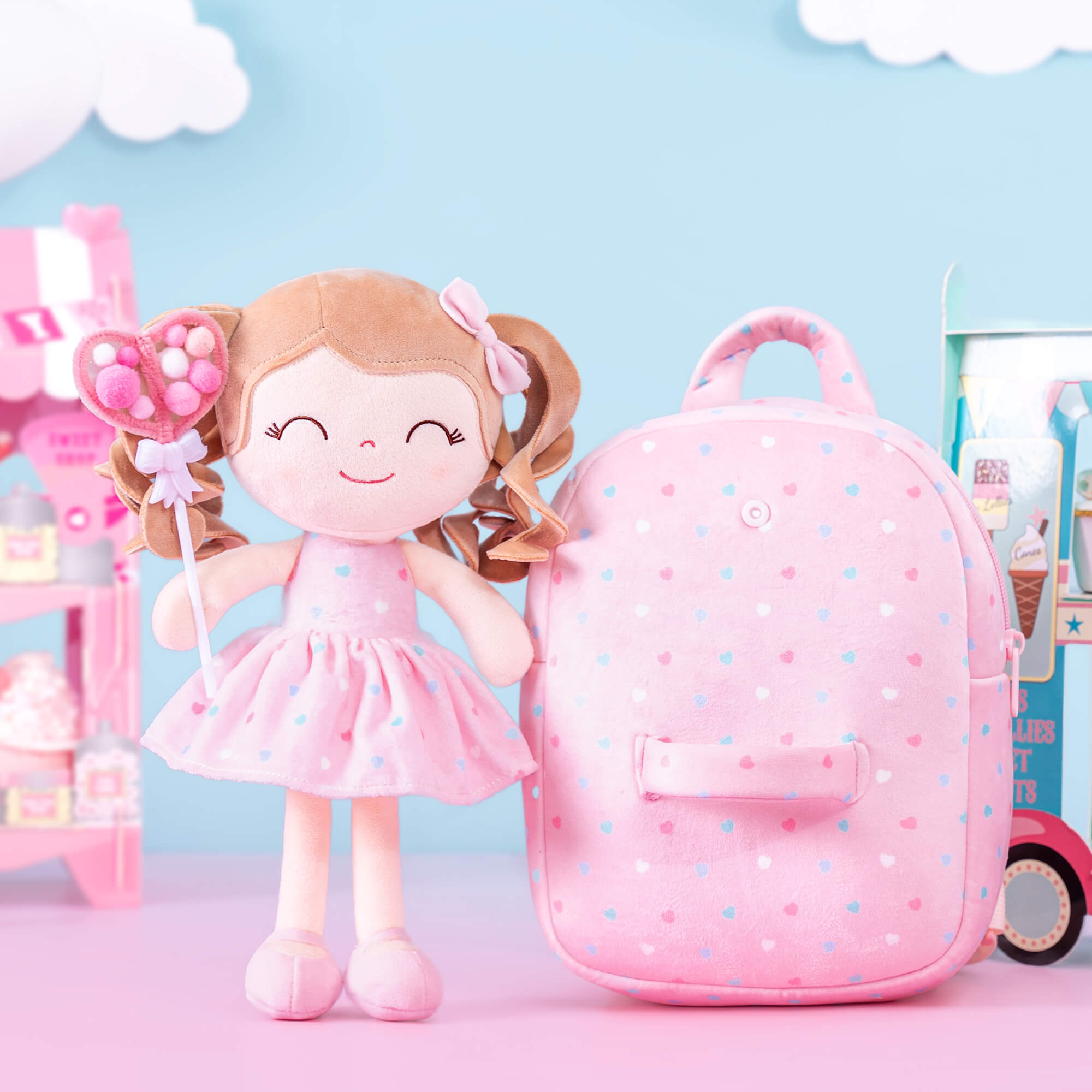 Gloveleya 9 - inch Personalized Spring Girl Love Heart Dolls Backpacks Pink - Gloveleya Official