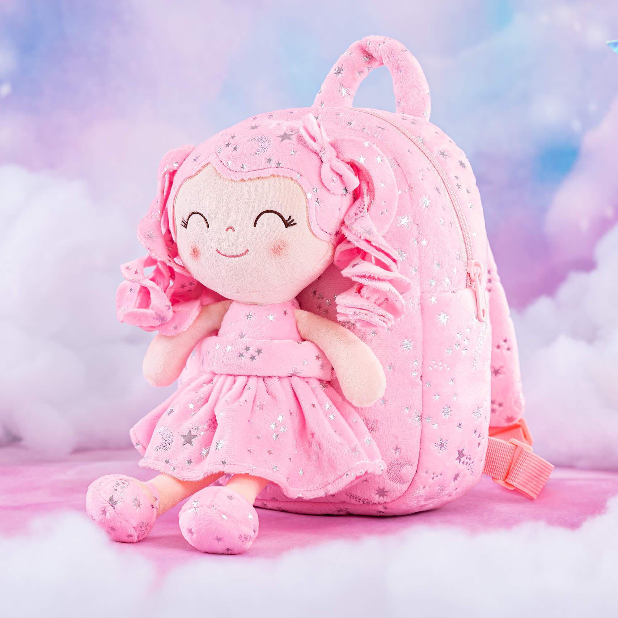 Gloveleya 9 - inch Toddler Girl Backpack Plush Curly Hair Starry Dolls Backpacks Bronzing Pinky Stars - Gloveleya Official