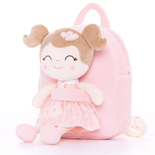 Gloveleya 9 - inch Toddler Girls Backpack Girl Gifts Plush Backpack with Doll in Flocked Heart Skirt Pink - Gloveleya Official