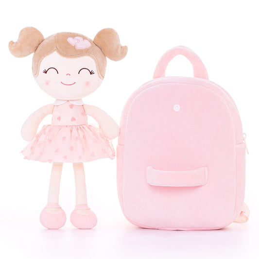 Gloveleya 9 - inch Toddler Girls Backpack Girl Gifts Plush Backpack with Doll in Flocked Heart Skirt Pink - Gloveleya Official