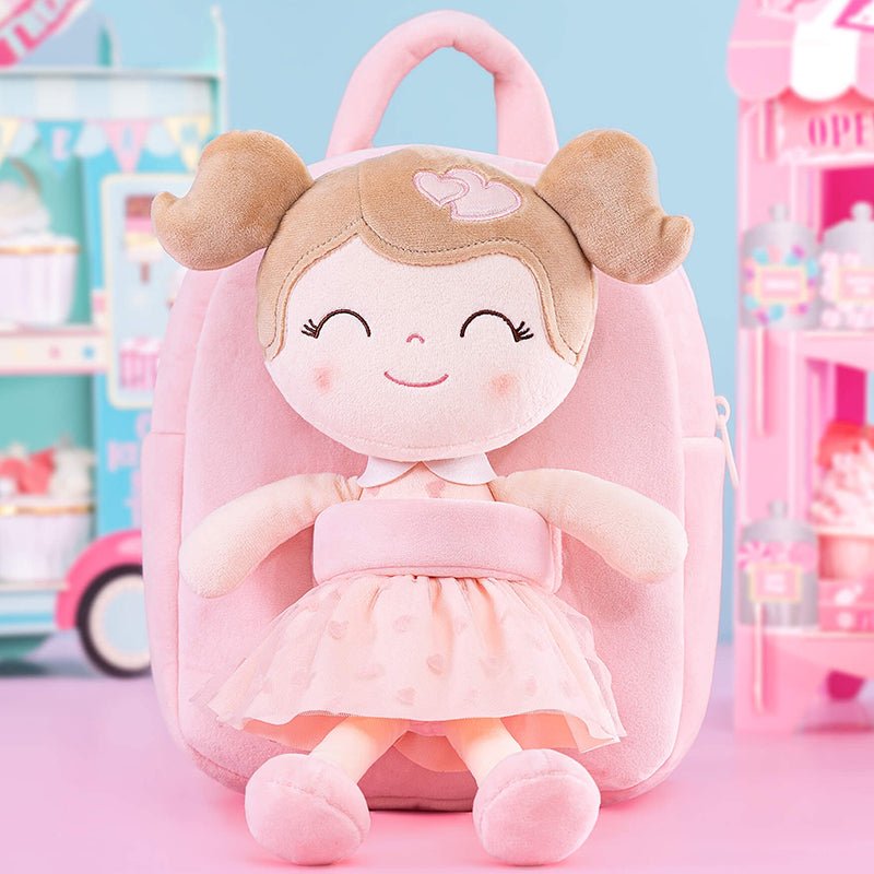 Gloveleya 9 - inch Toddler Girls Backpack Girl Gifts Plush Backpack with Doll in Flocked Heart Skirt Pink - Gloveleya Official