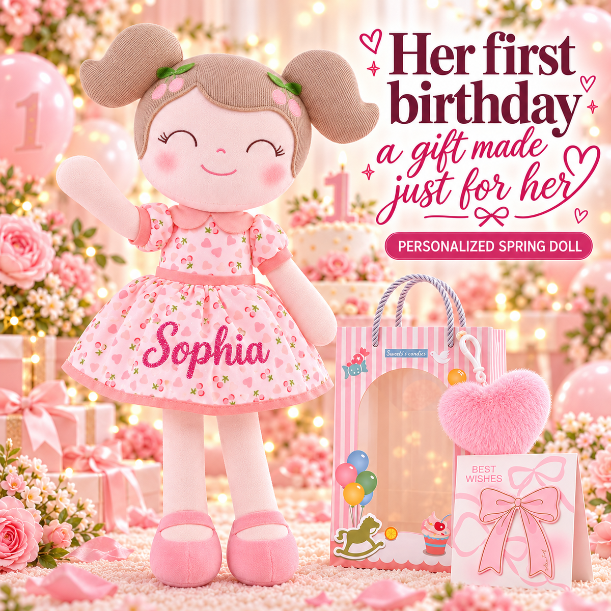 Gloveleya 16-inch pink Cherry Girl doll - personalized Sophia gift gallery 1