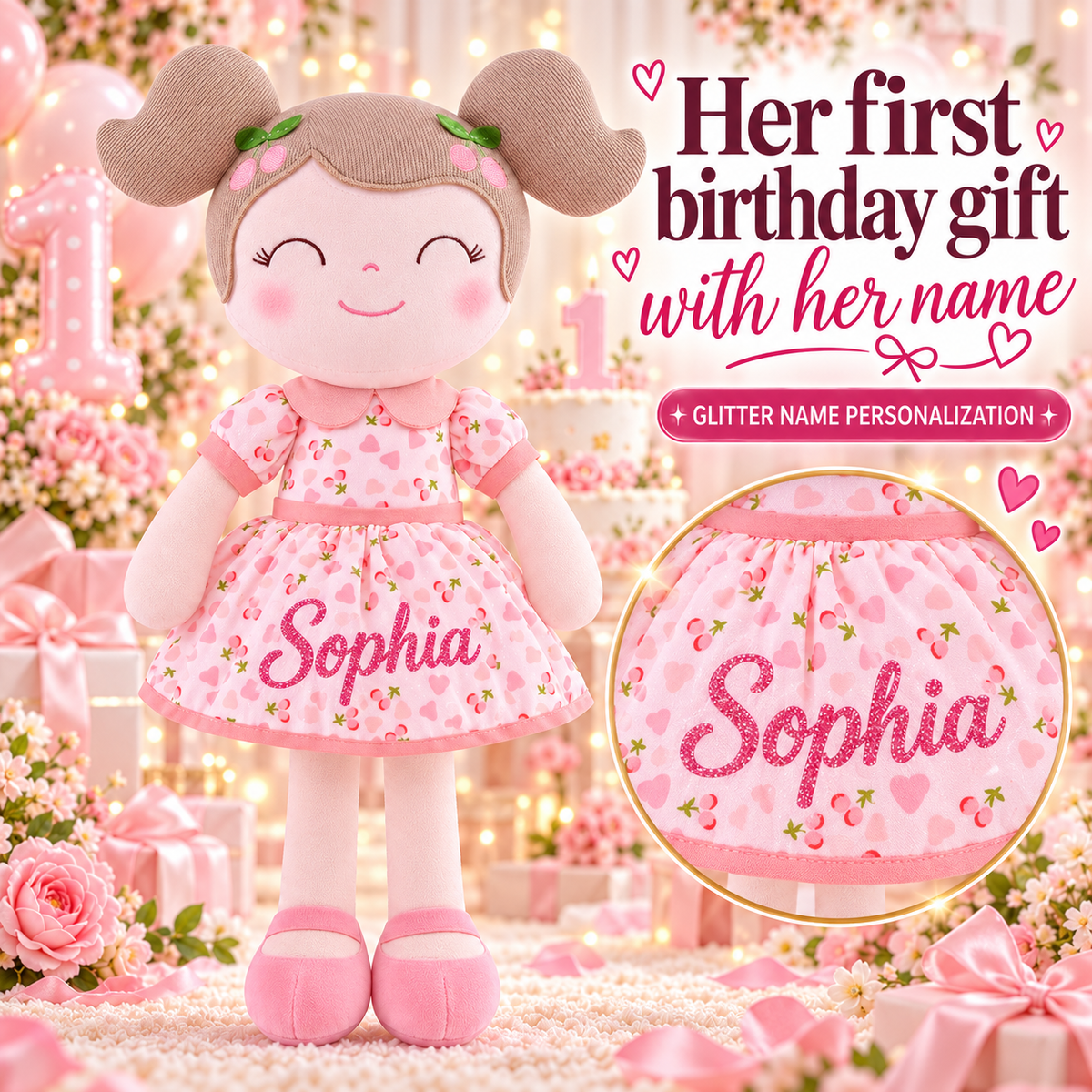 Gloveleya 16-inch pink Cherry Girl doll - personalized Sophia gift gallery 2
